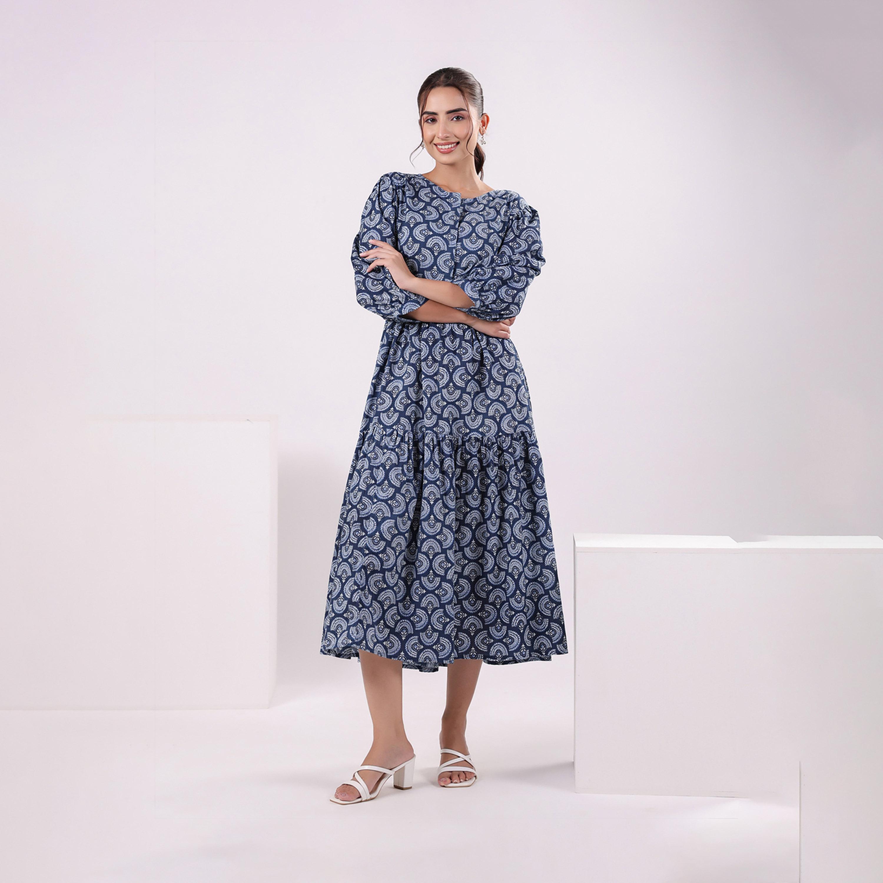 Sanskrutihomes X Styli Printed Puff Sleeve Round Neck A-Line Midi Dress-women-clothing-dresses-image-4