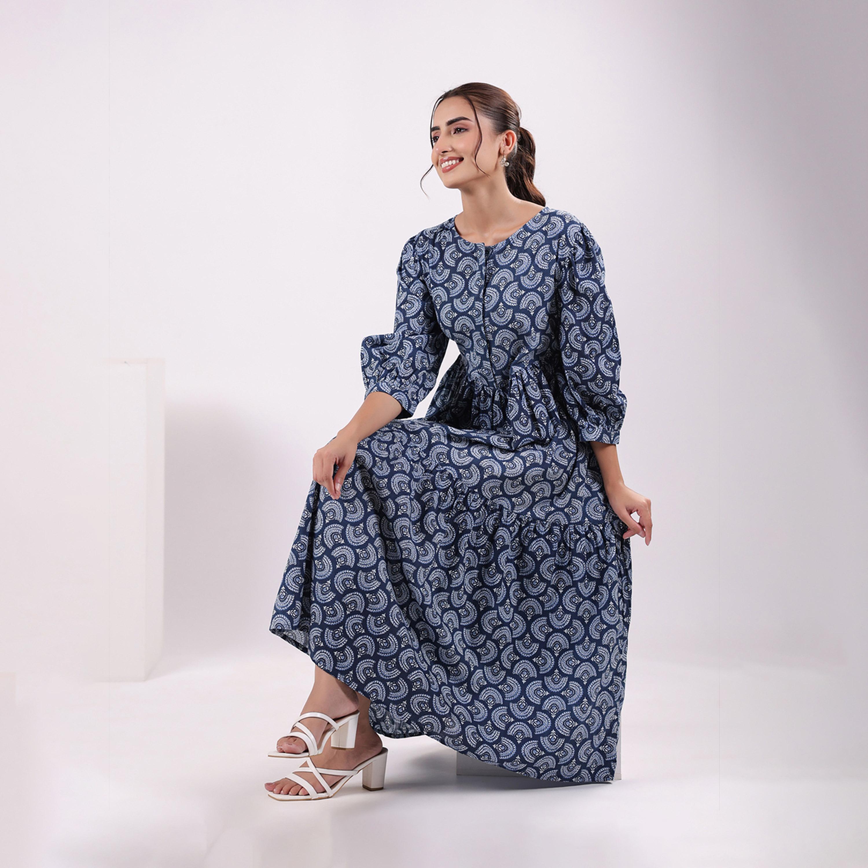 Sanskrutihomes X Styli Printed Puff Sleeve Round Neck A-Line Midi Dress-women-clothing-dresses-image-5