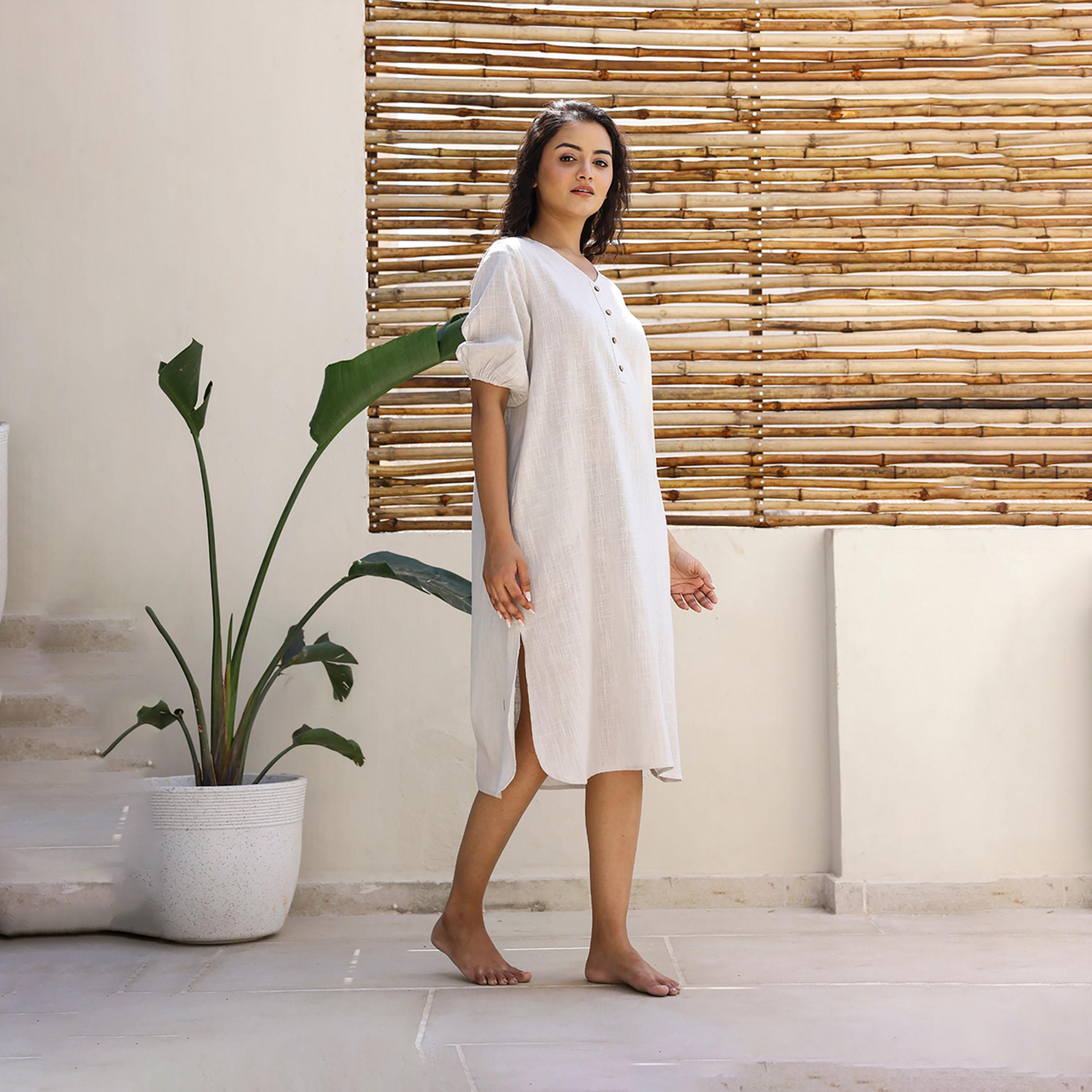 Sanskrutihomes X Styli Puff Sleeve V-Neck Midi Dress With Button Detail-women-clothing-dresses-image-2