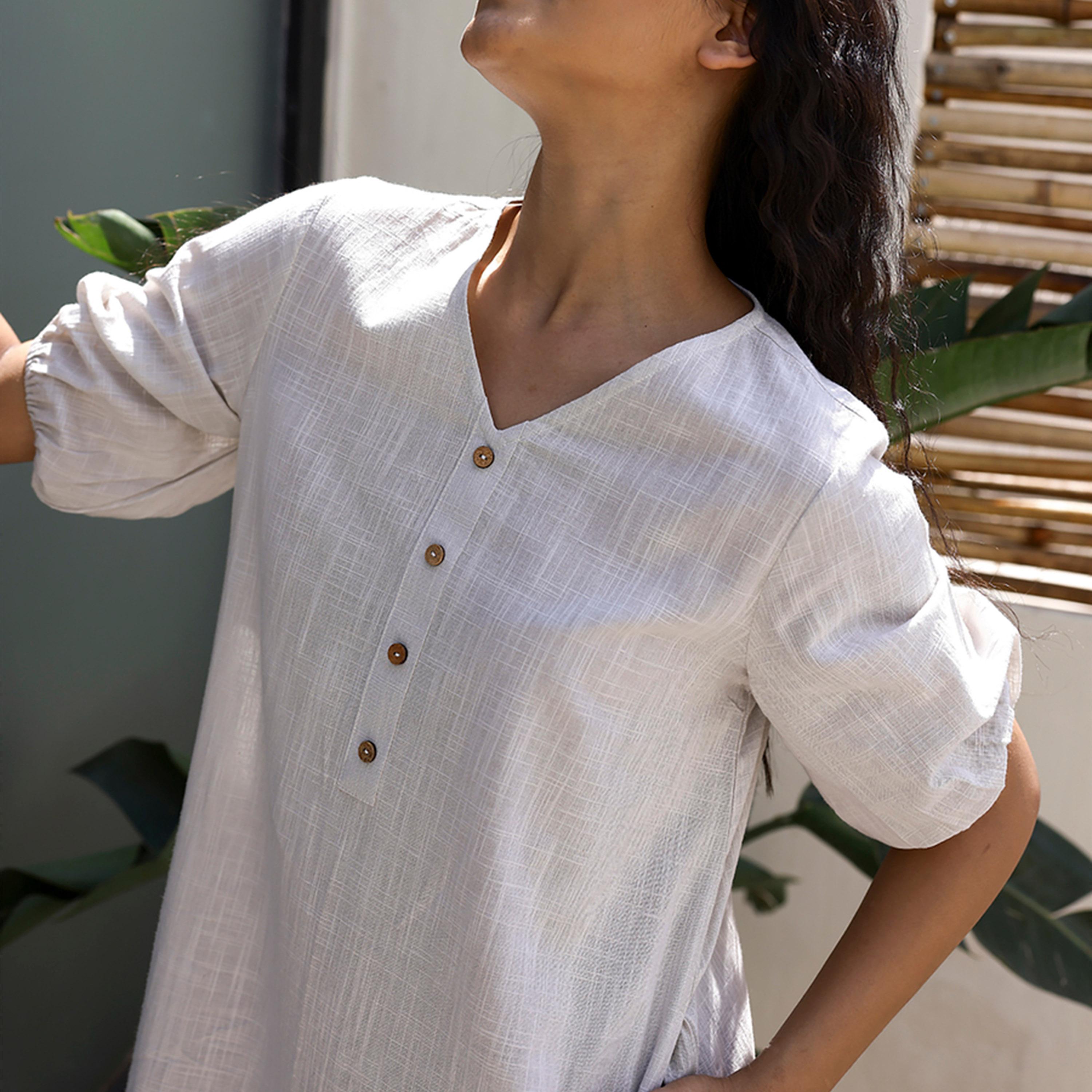 Sanskrutihomes X Styli Puff Sleeve V-Neck Midi Dress With Button Detail-women-clothing-dresses-image-4