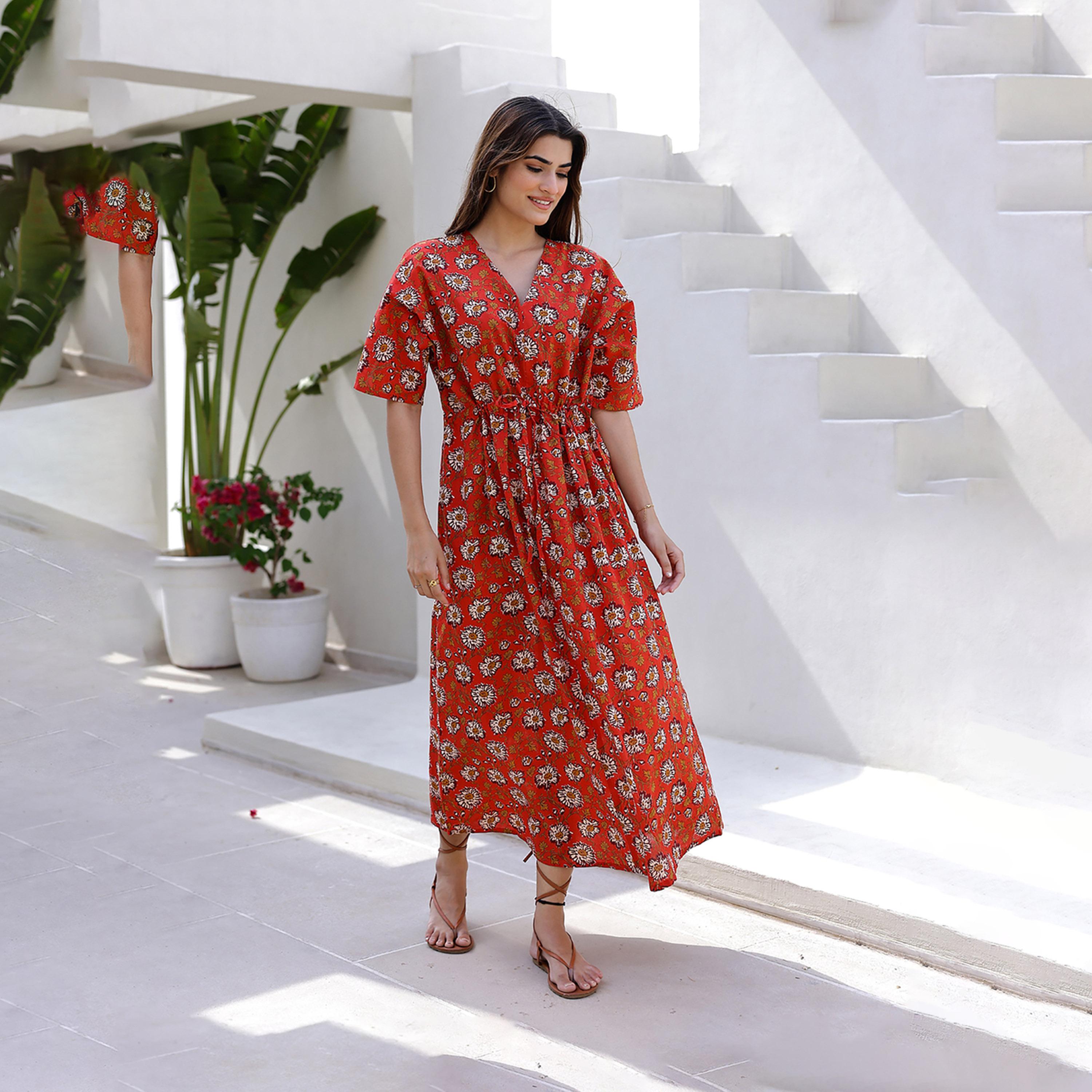 Sanskrutihomes X Styli Floral Print V-Neck Cotton Midi Dress With Drawstring-women-clothing-dresses-image-1