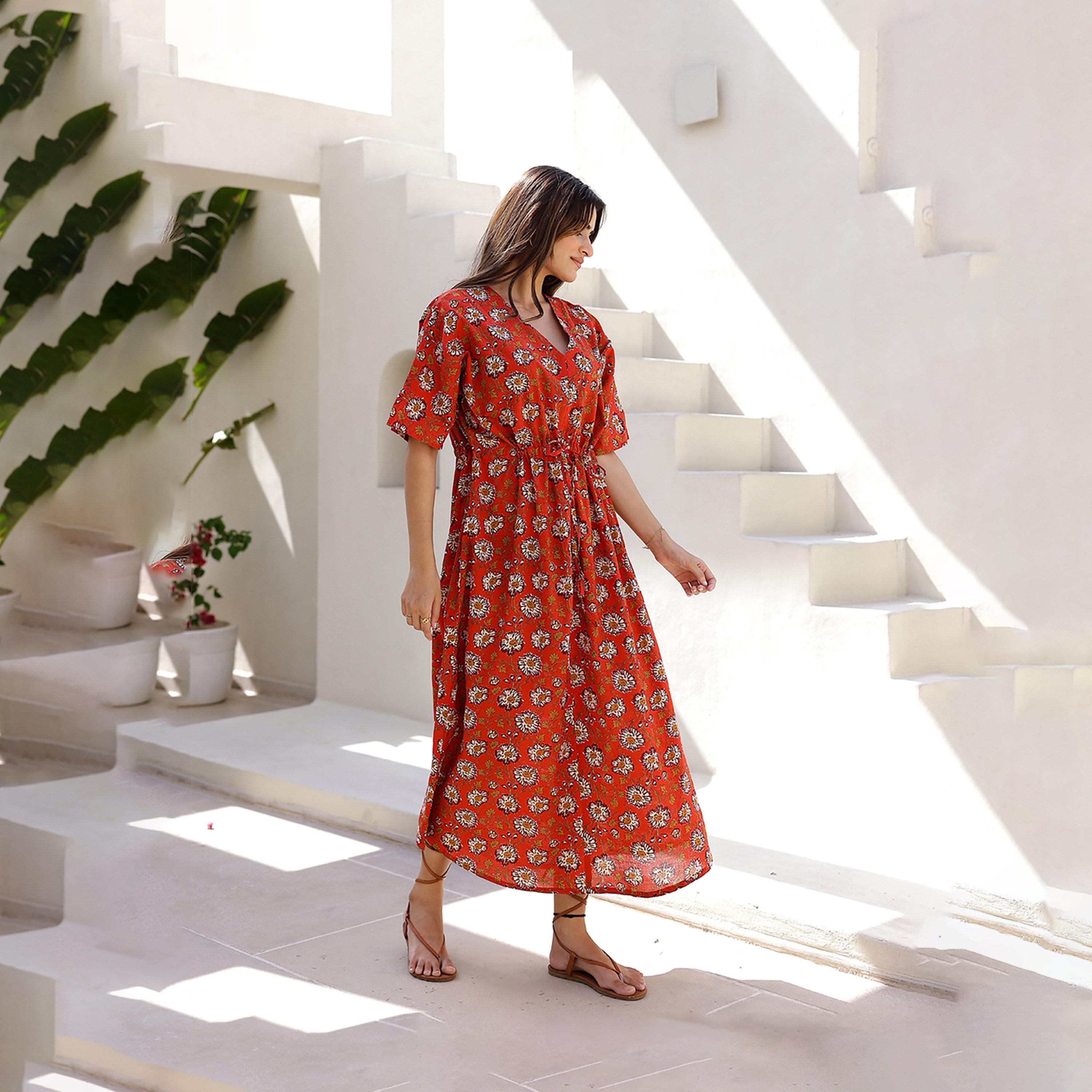 Sanskrutihomes X Styli Floral Print V-Neck Cotton Midi Dress With Drawstring-women-clothing-dresses-image-4
