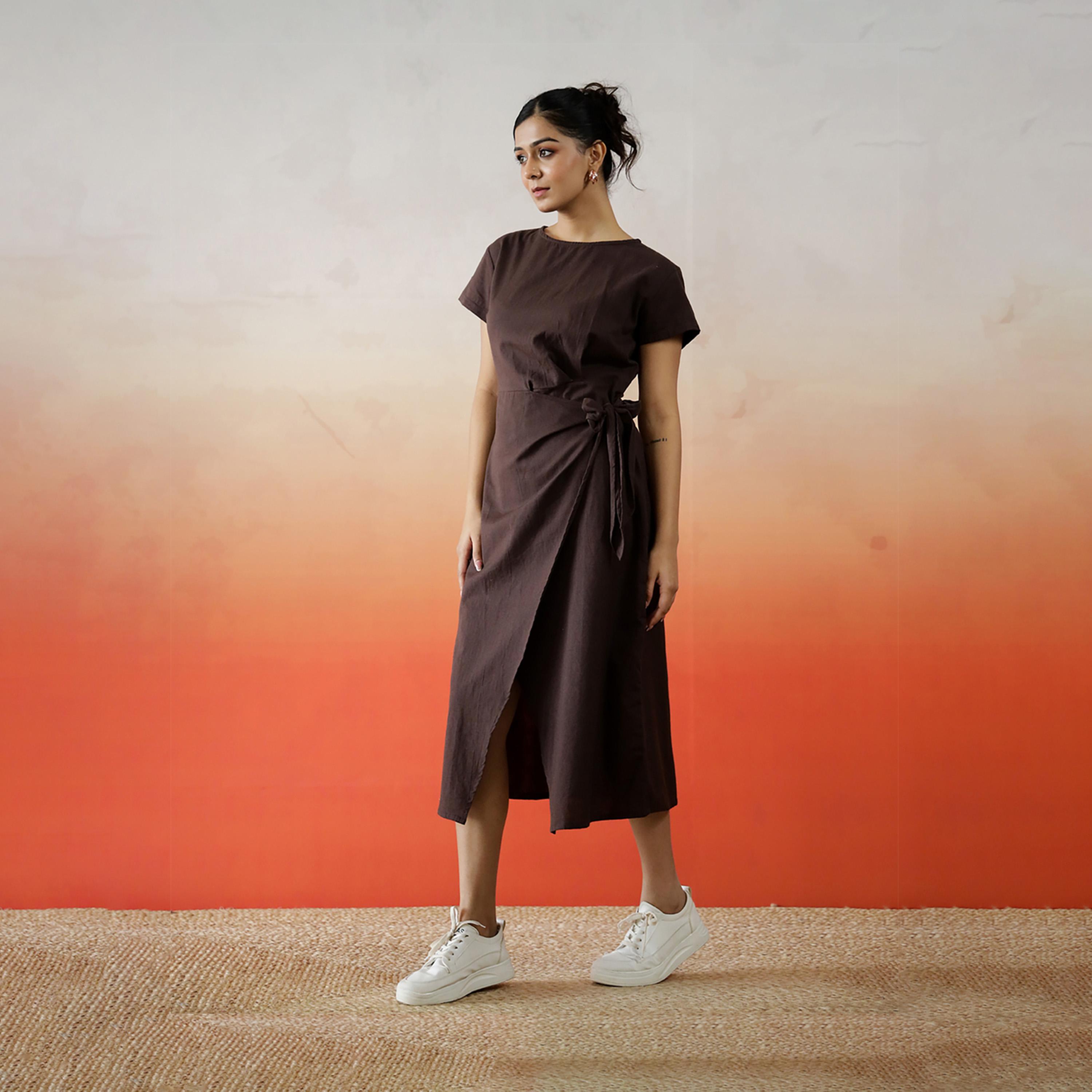 Sanskrutihomes X Styli Solid Cotton Wrap Midi Dress With Tie-Up Detail-women-clothing-dresses-image-1