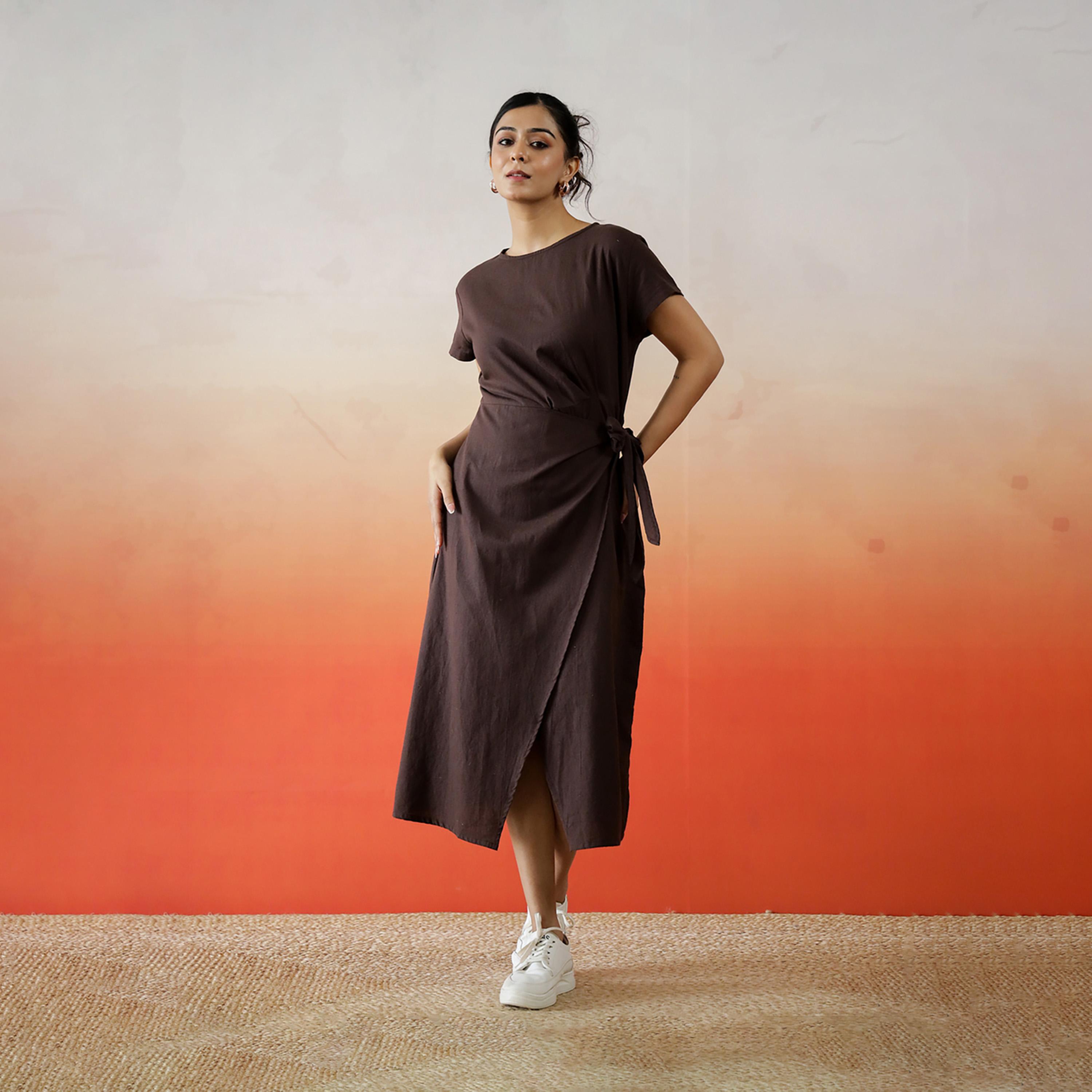 Sanskrutihomes X Styli Solid Cotton Wrap Midi Dress With Tie-Up Detail-women-clothing-dresses-image-3
