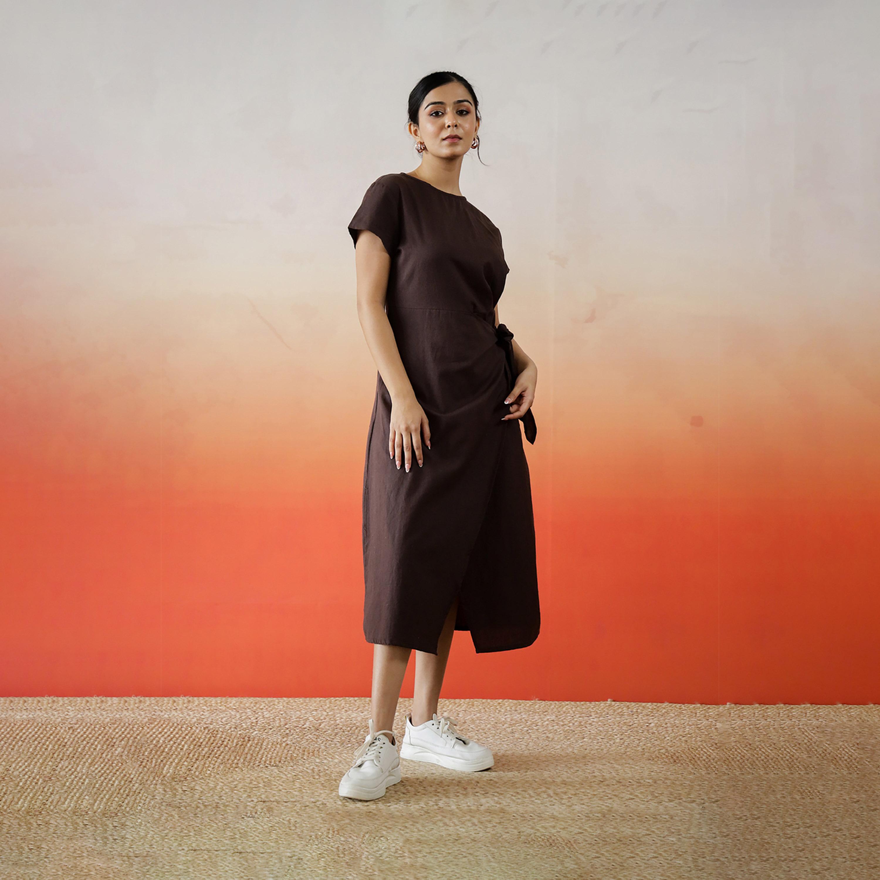 Sanskrutihomes X Styli Solid Cotton Wrap Midi Dress With Tie-Up Detail-women-clothing-dresses-image-4