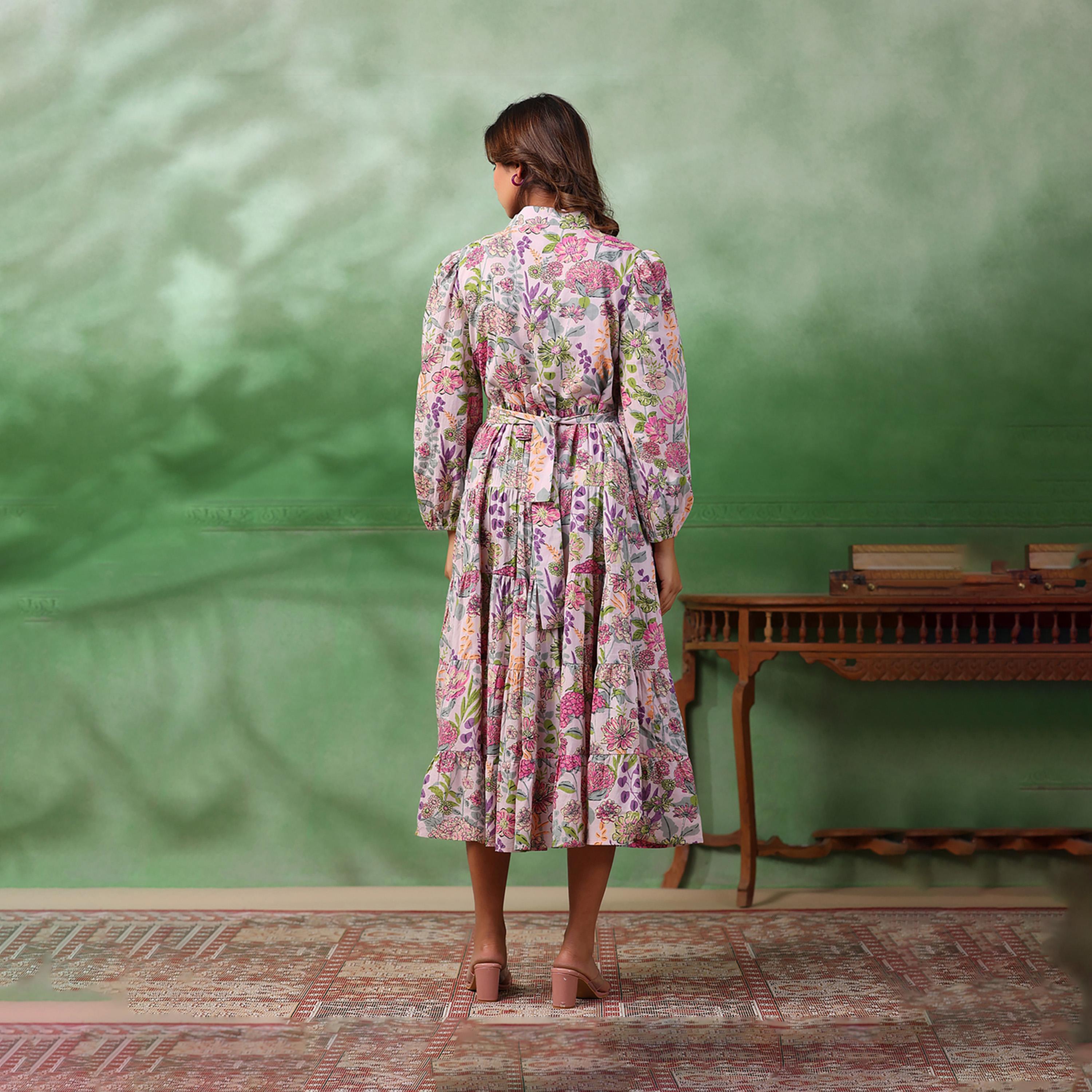 Sanskrutihomes X Styli Floral Print Puff Sleeves Shawl Collar A-Line Midi Dress-women-clothing-dresses-image-2