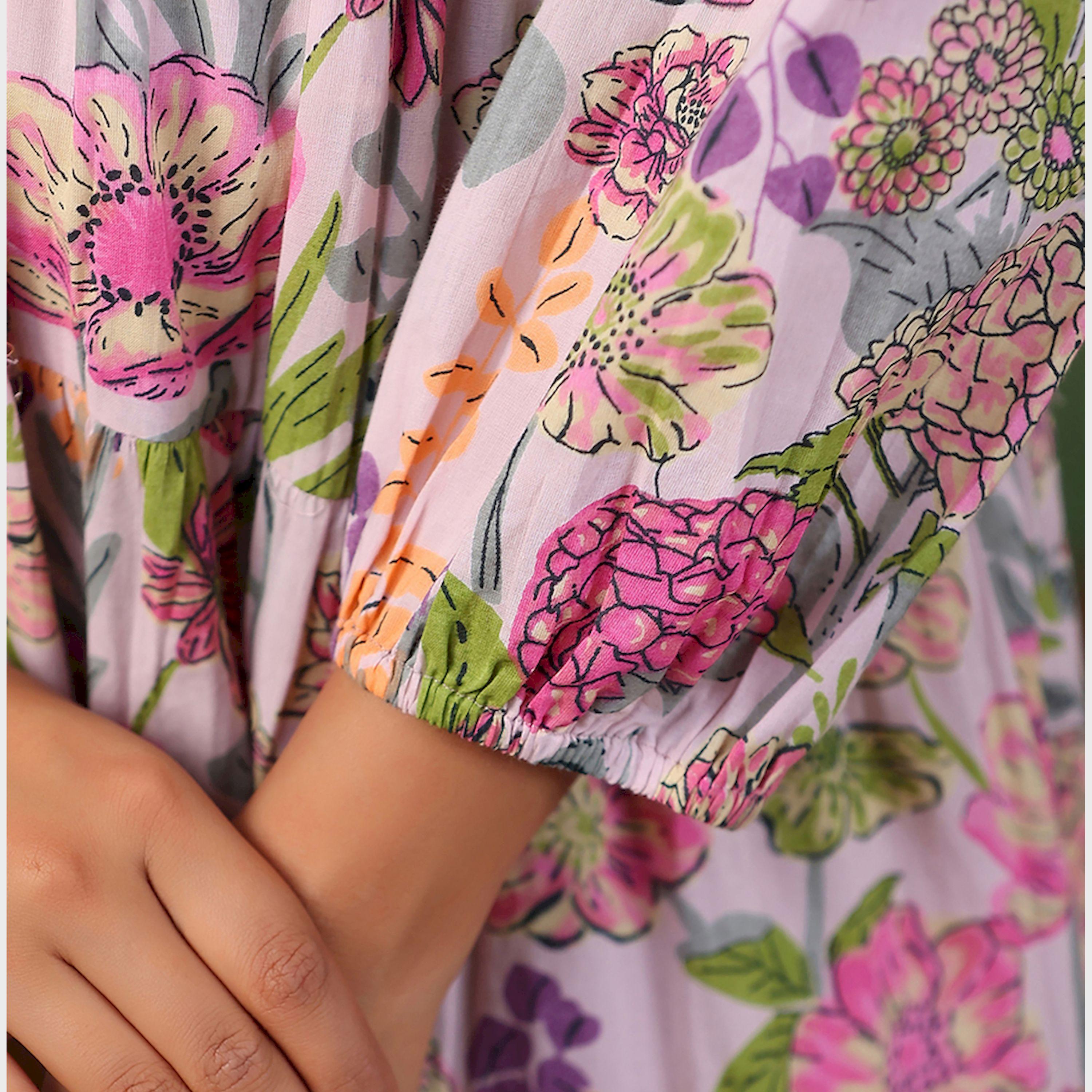 Sanskrutihomes X Styli Floral Print Puff Sleeves Shawl Collar A-Line Midi Dress-women-clothing-dresses-image-6