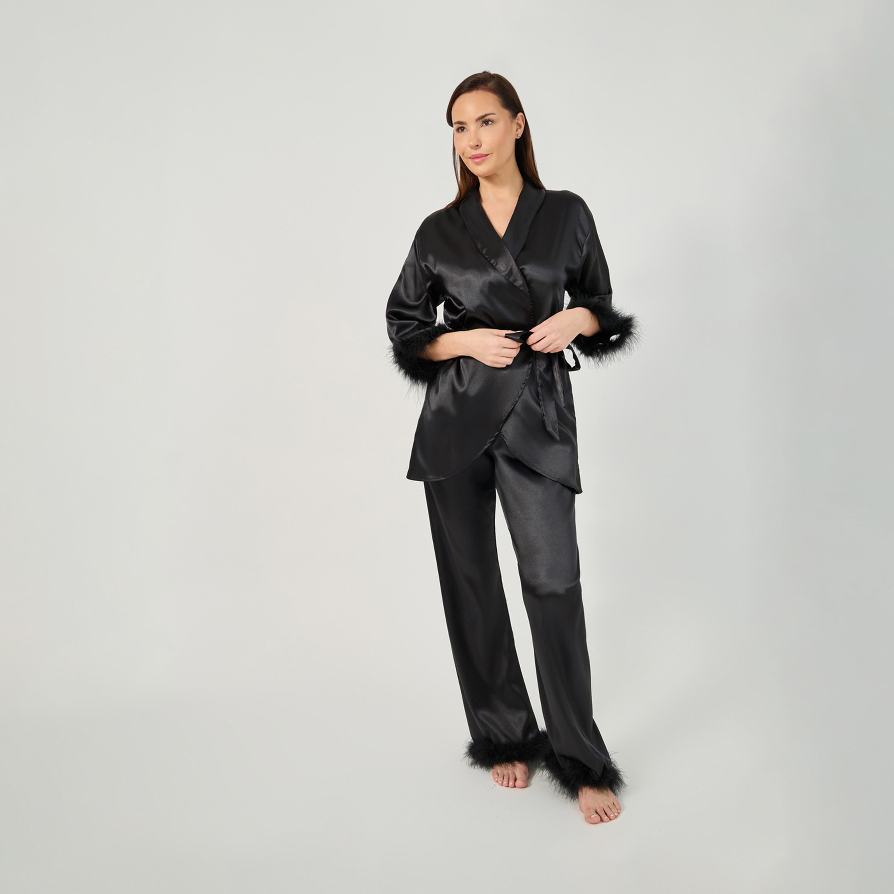 Styli Faux Feather Trim Longline Wrap Robe and Pyjama Set-women-clothing-nightwear-pyjamas-longsets-image-1
