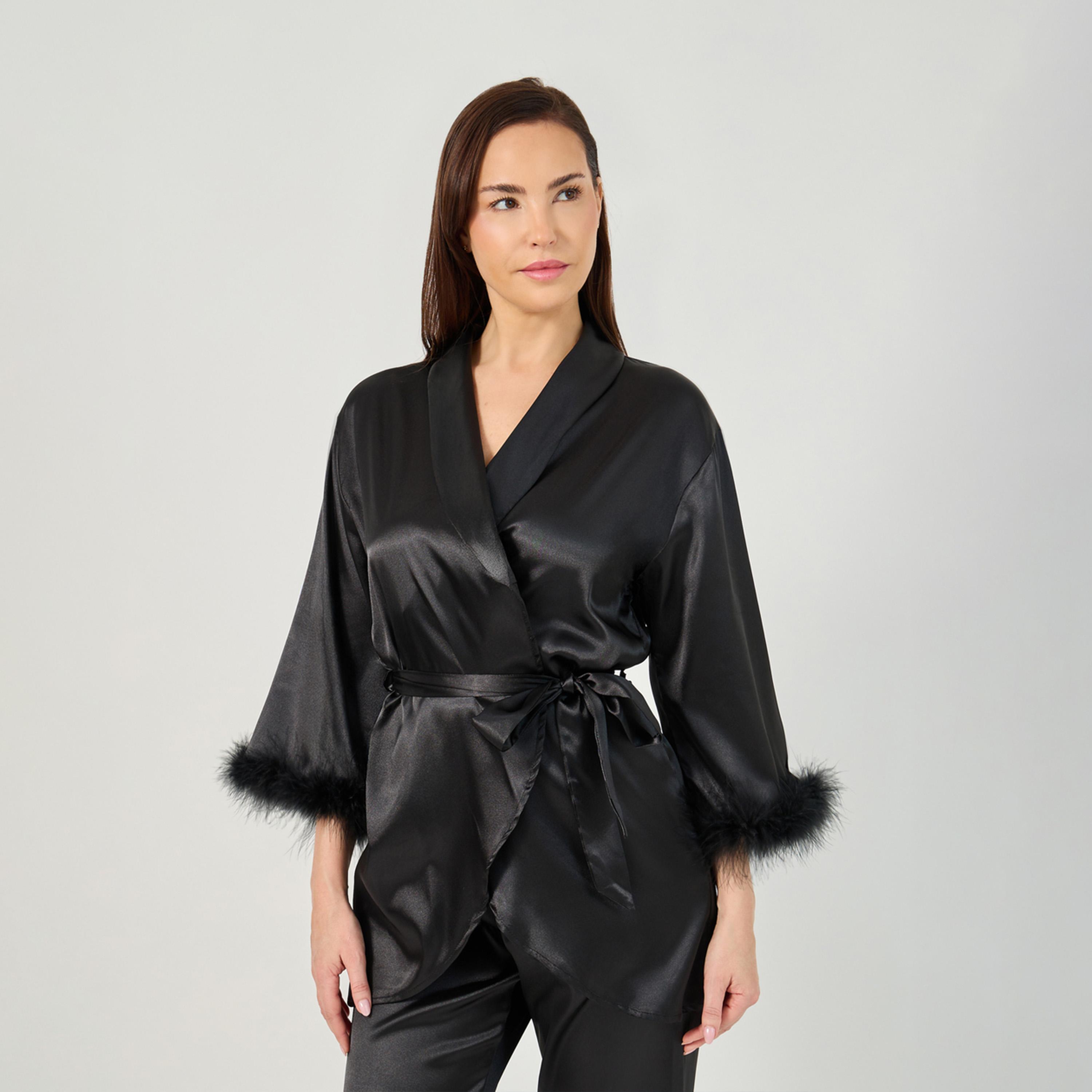 Styli Faux Feather Trim Longline Wrap Robe and Pyjama Set-women-clothing-nightwear-pyjamas-longsets-image-2