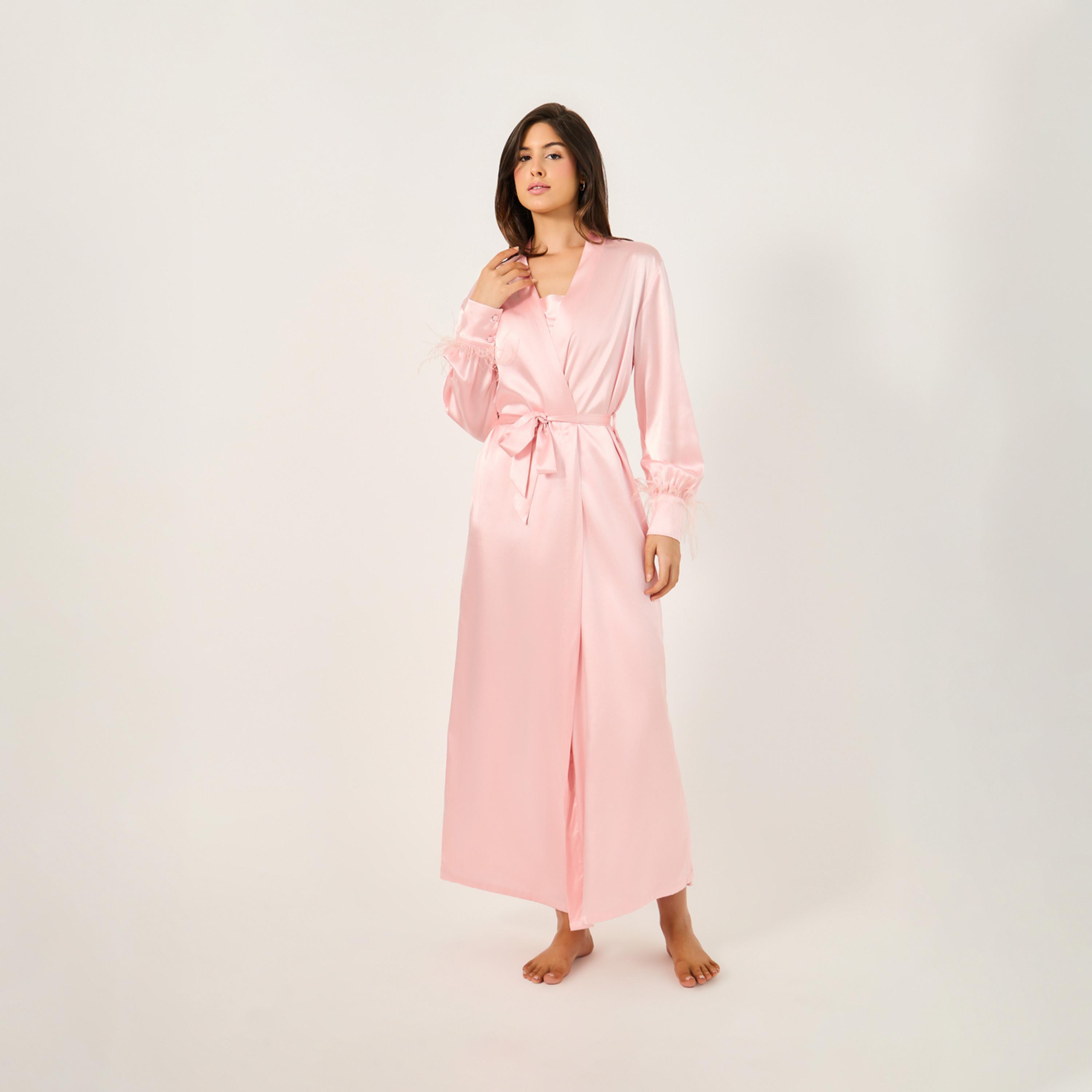 Styli Pack of 2 - Faux Feather Trim Robe and Slip Dress-women-clothing-nightwear-robes-image-2