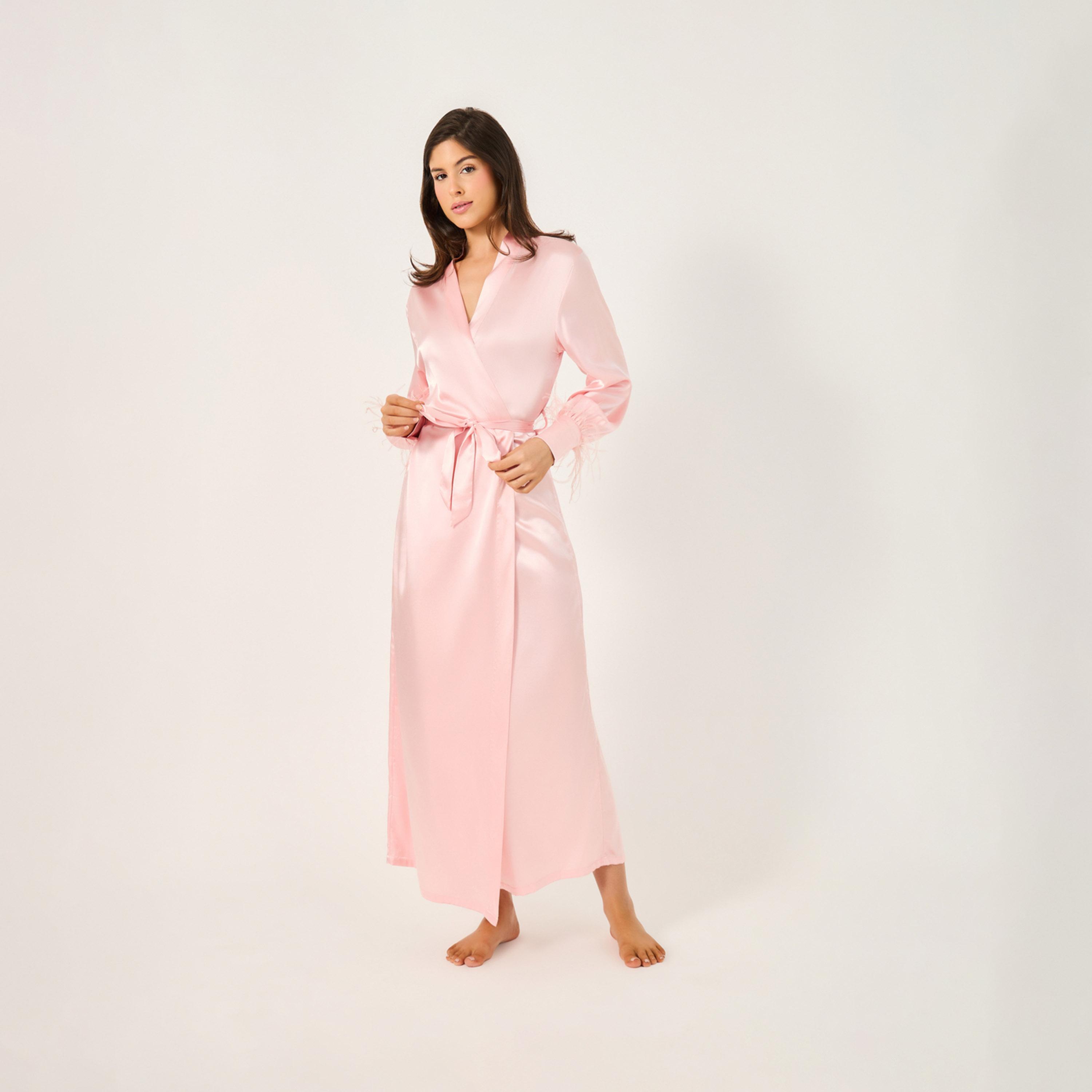 Styli Pack of 2 - Faux Feather Trim Robe and Slip Dress-women-clothing-nightwear-robes-image-4