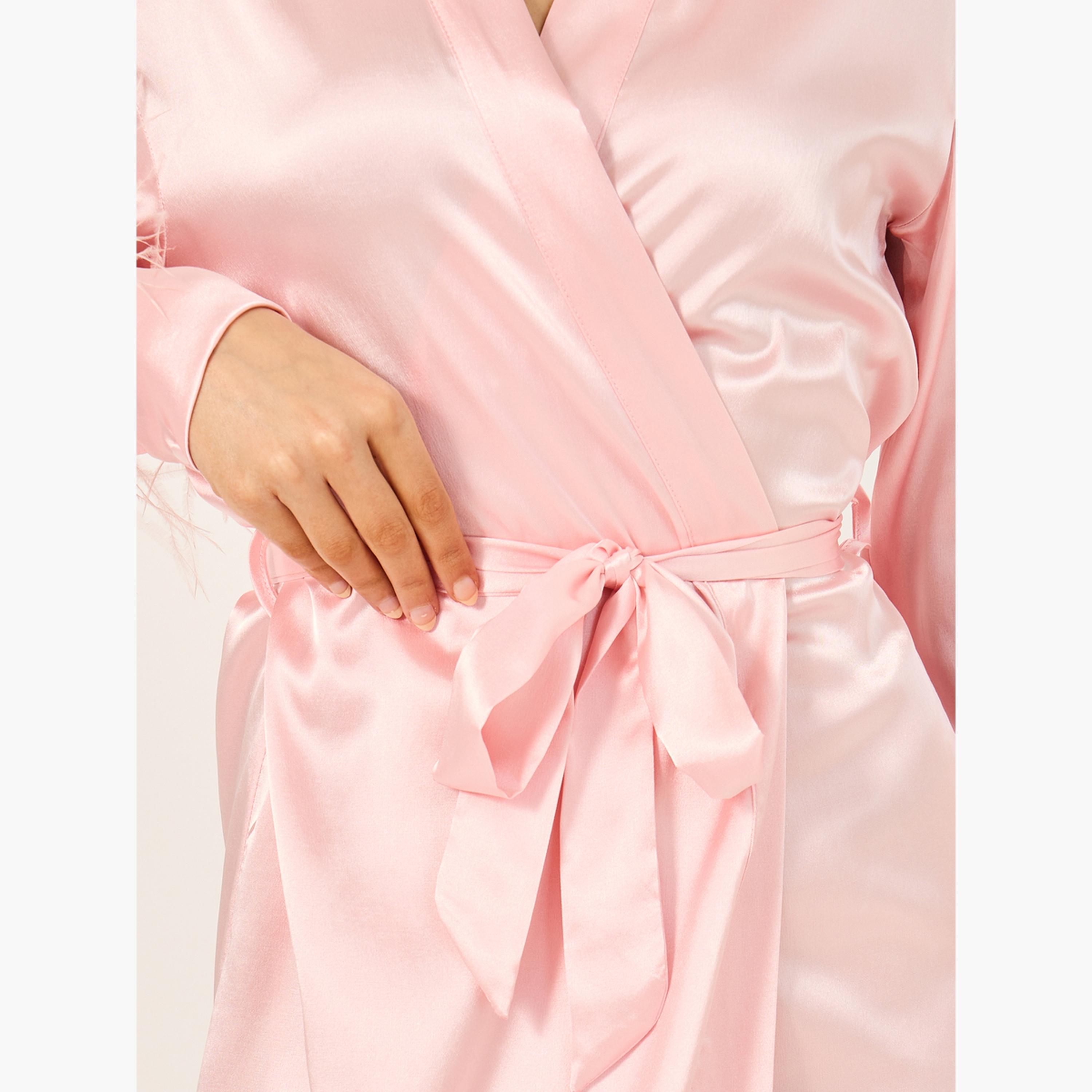 Styli Pack of 2 - Faux Feather Trim Robe and Slip Dress-women-clothing-nightwear-robes-image-6