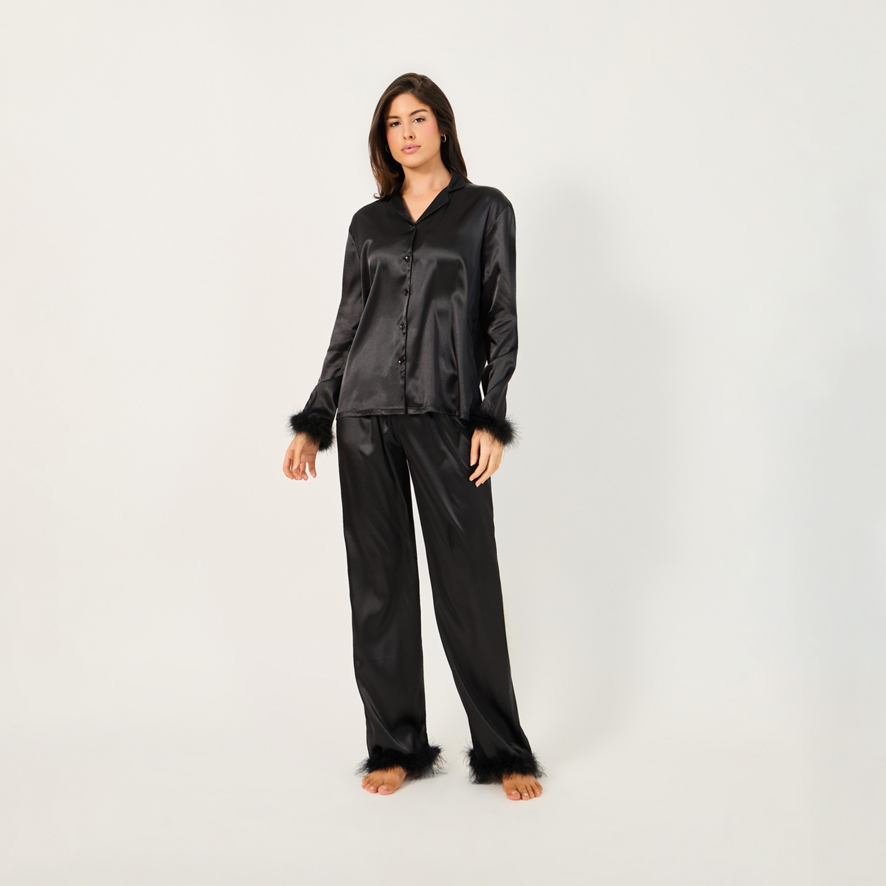Styli Faux Feather Trim Buttoned Shirt and Pyjama Set-women-clothing-nightwear-pyjamas-longsets-image-2