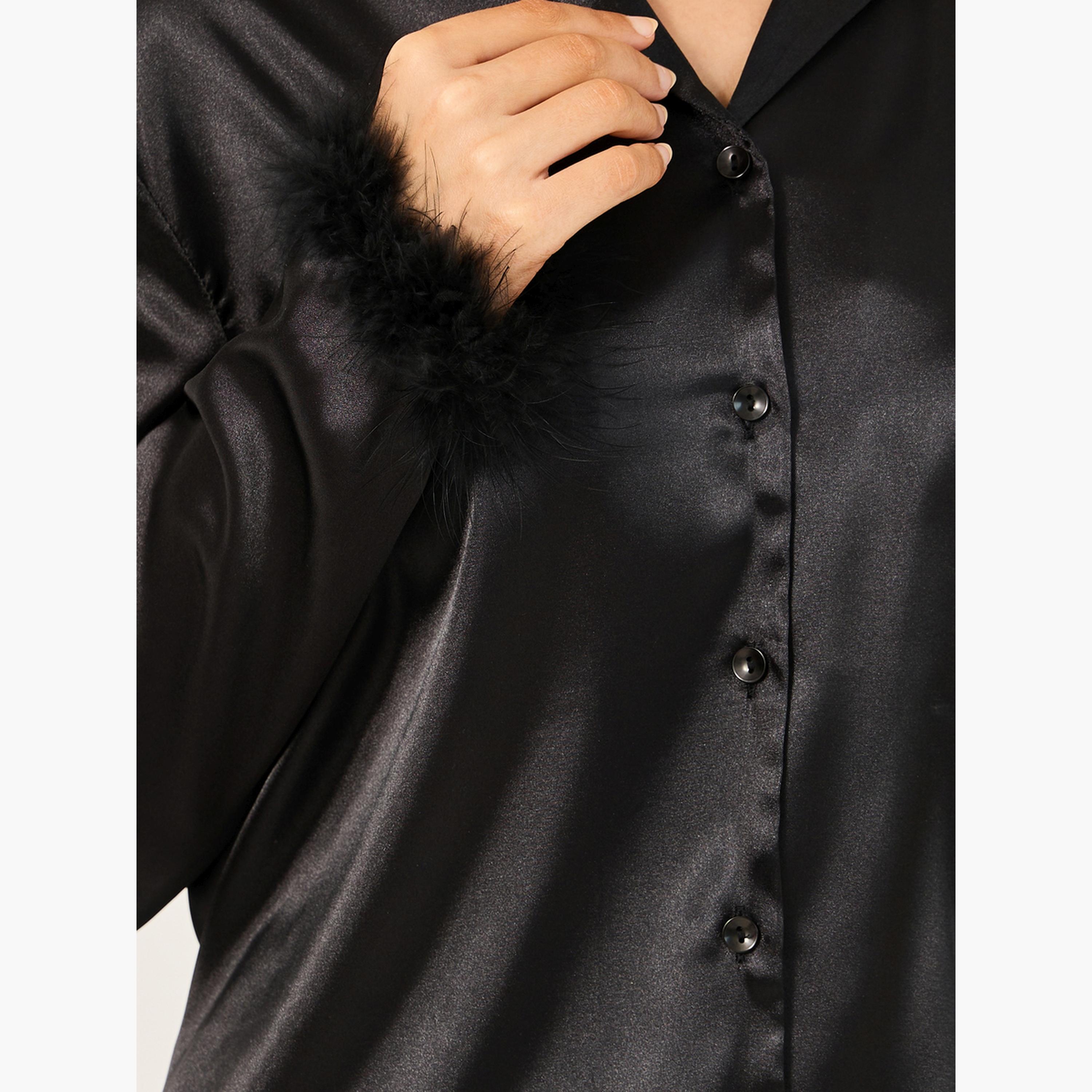 ستايلي - طقم قميص بأزرار وبنطال بيجامة مزين بالريش الصناعي-women-clothing-nightwear-pyjamas-longsets-image-4