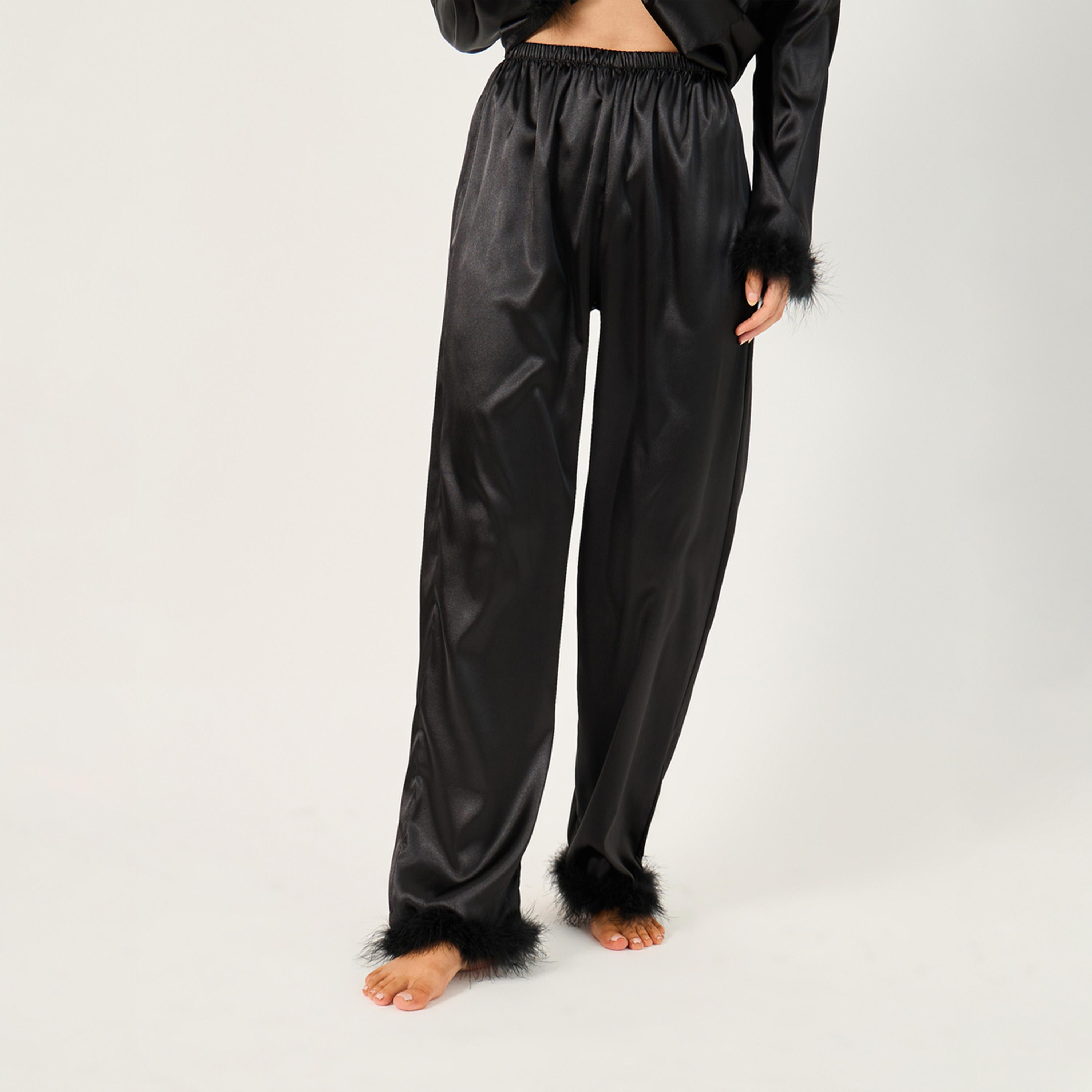 Styli Faux Feather Trim Buttoned Shirt and Pyjama Set-women-clothing-nightwear-pyjamas-longsets-image-5