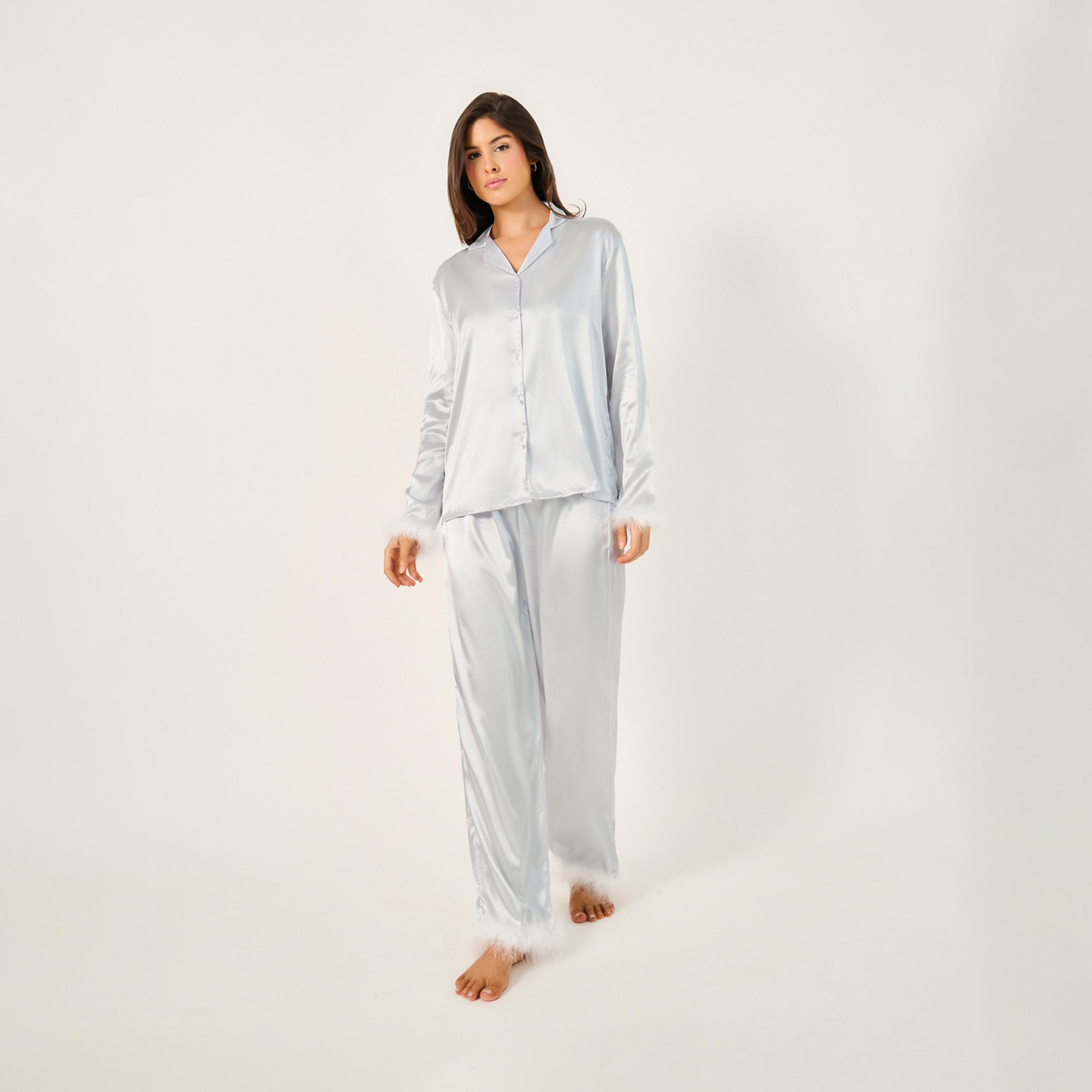 Styli Faux Feather Trim Buttoned Shirt and Pyjama Set-women-clothing-nightwear-pyjamas-longsets-image-1