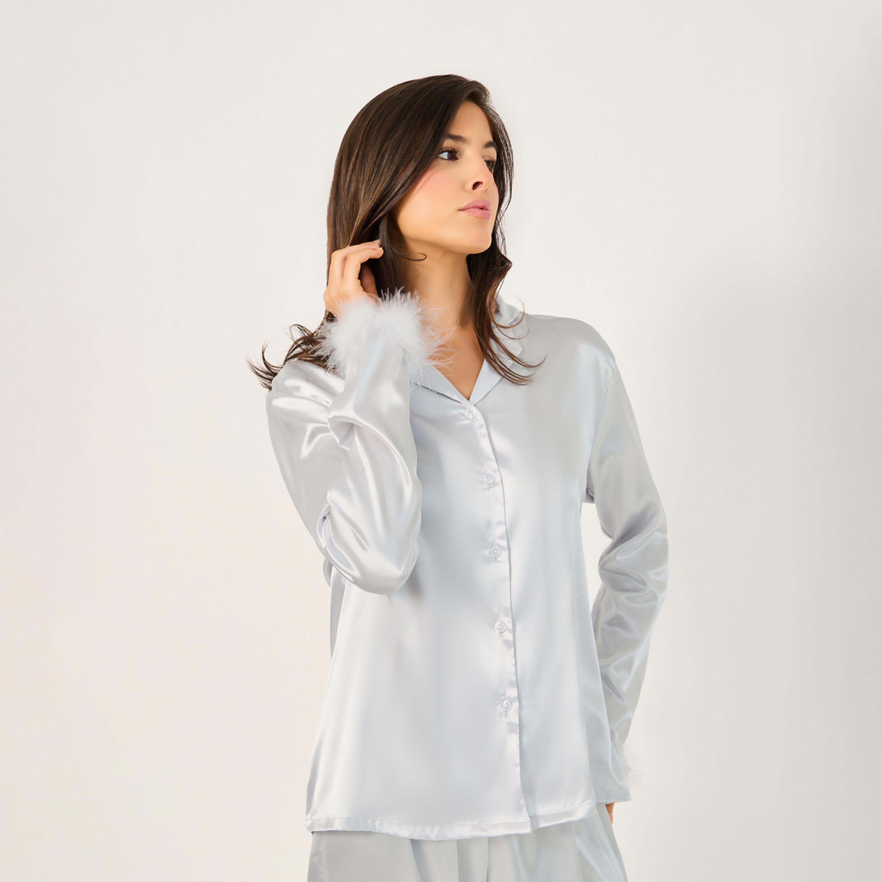 Styli Faux Feather Trim Buttoned Shirt and Pyjama Set-women-clothing-nightwear-pyjamas-longsets-image-2