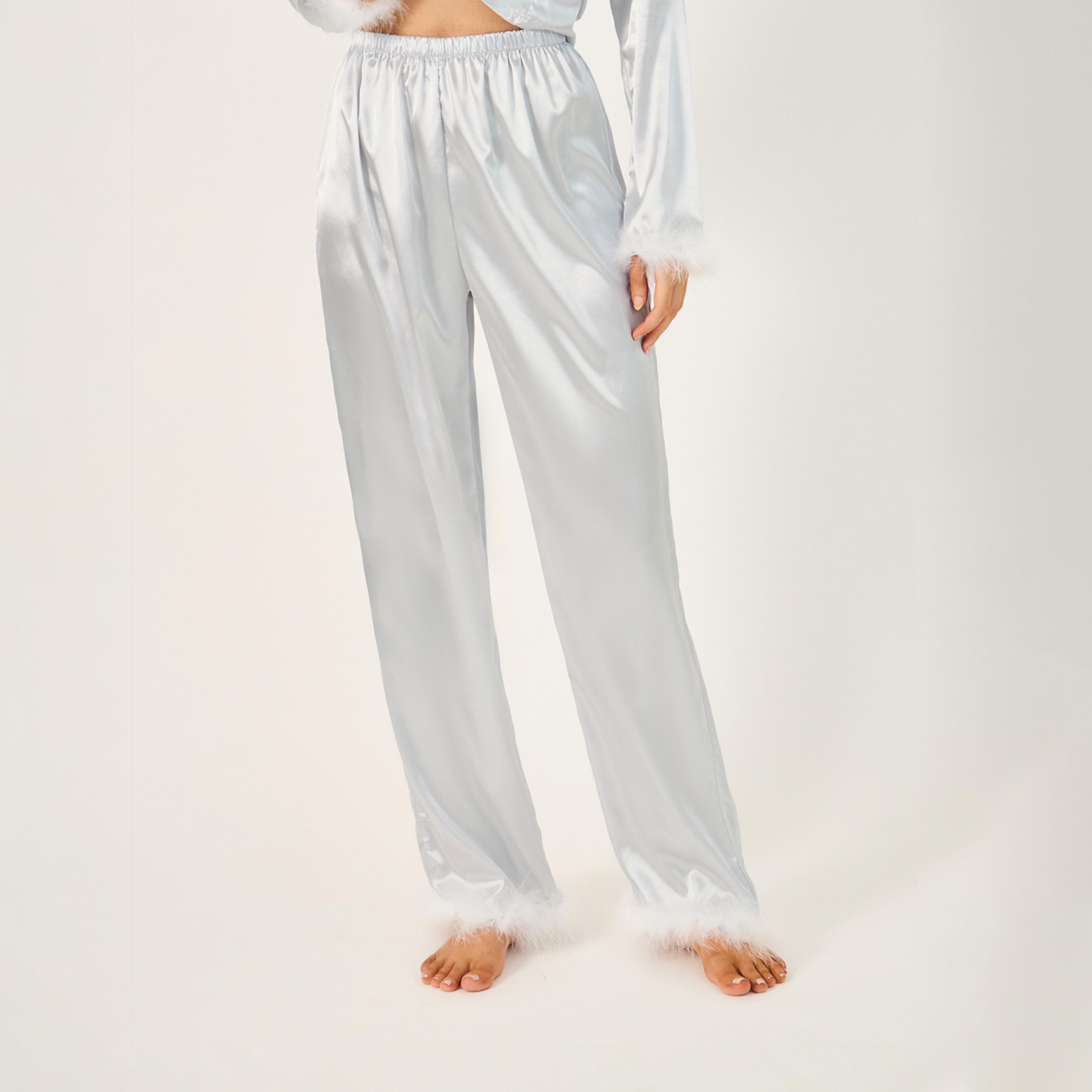 Styli Faux Feather Trim Buttoned Shirt and Pyjama Set-women-clothing-nightwear-pyjamas-longsets-image-4