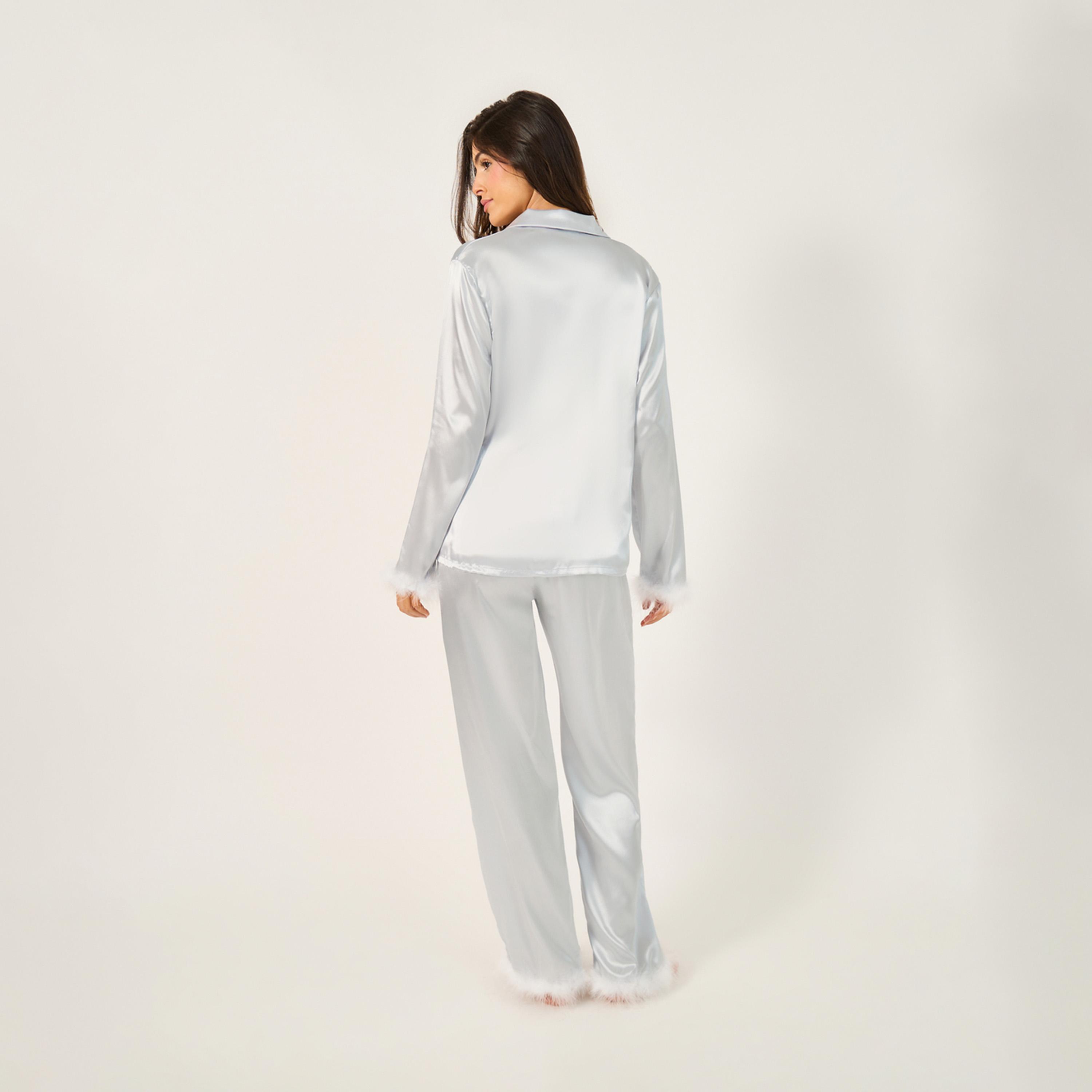 ستايلي - طقم قميص بأزرار وبنطال بيجامة مزين بالريش الصناعي-women-clothing-nightwear-pyjamas-longsets-image-5
