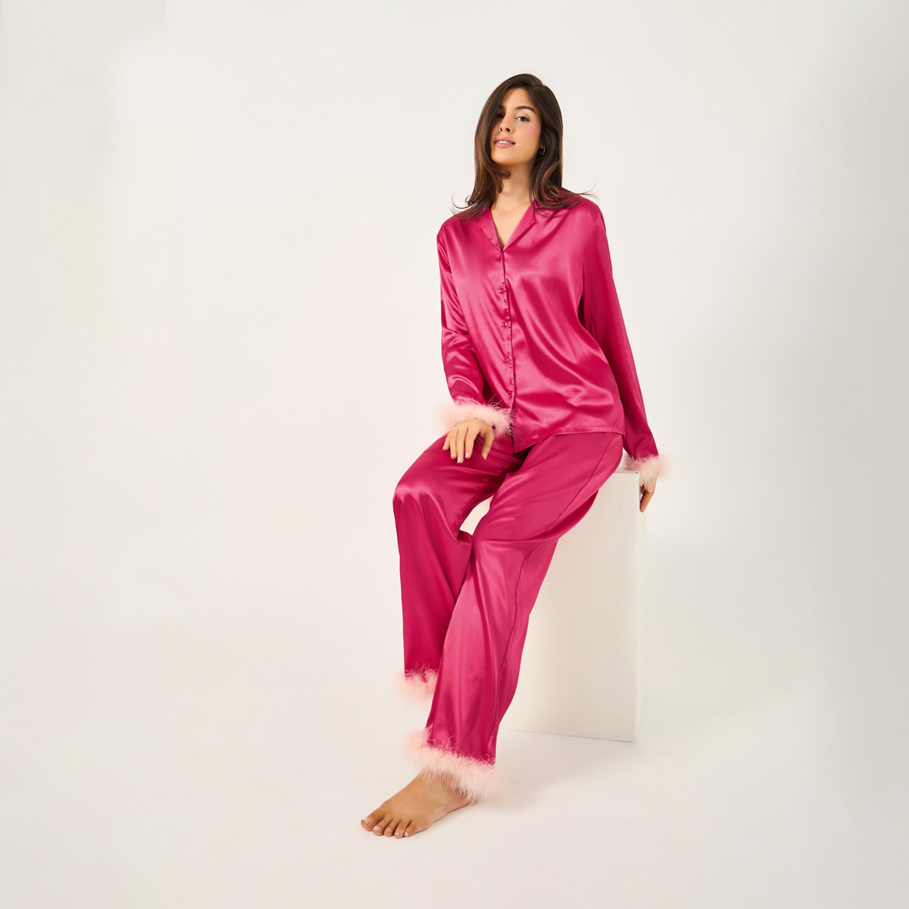 Styli Faux Feather Trim Buttoned Shirt and Pyjama Set-women-clothing-nightwear-pyjamas-longsets-image-1