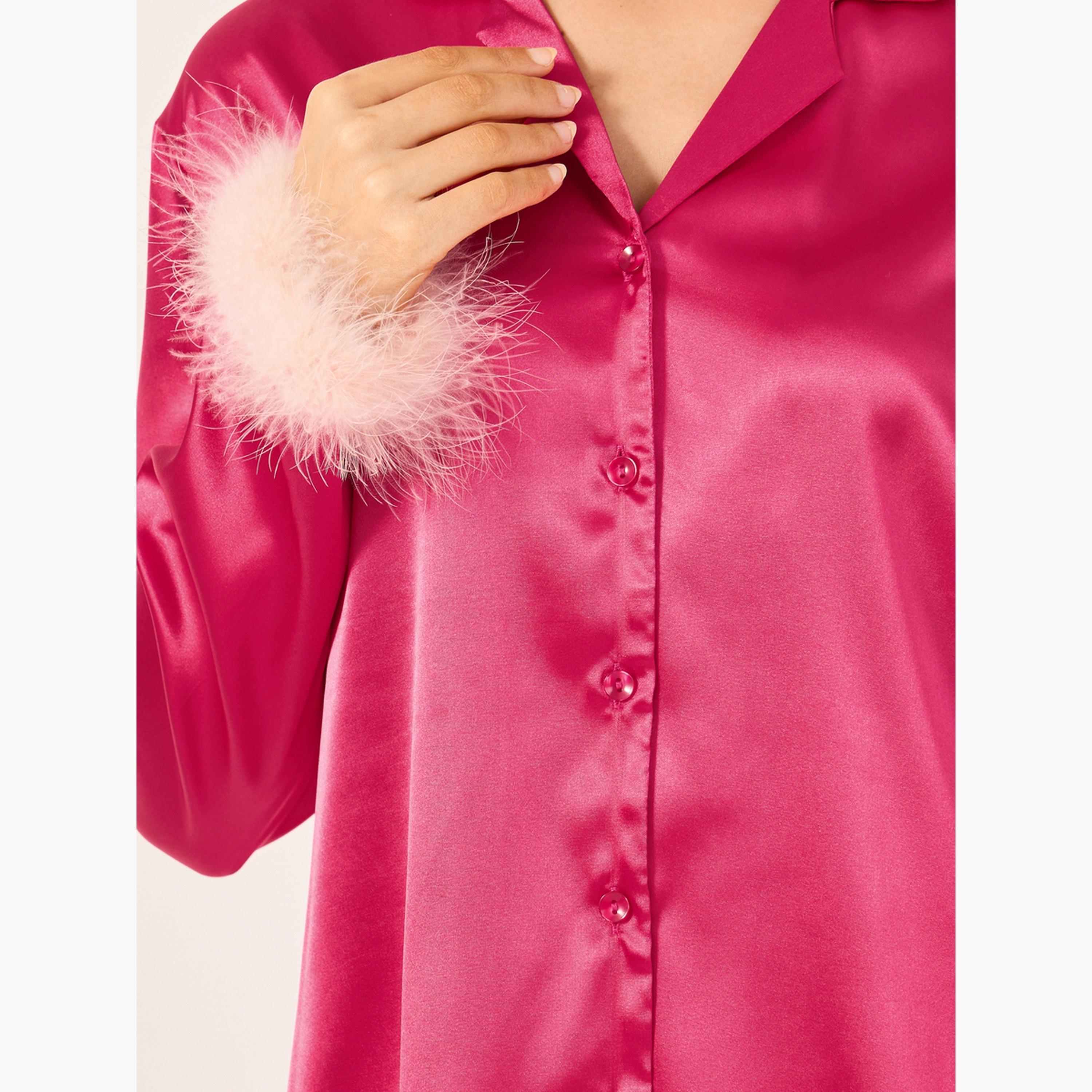 Styli Faux Feather Trim Buttoned Shirt and Pyjama Set-women-clothing-nightwear-pyjamas-longsets-image-4