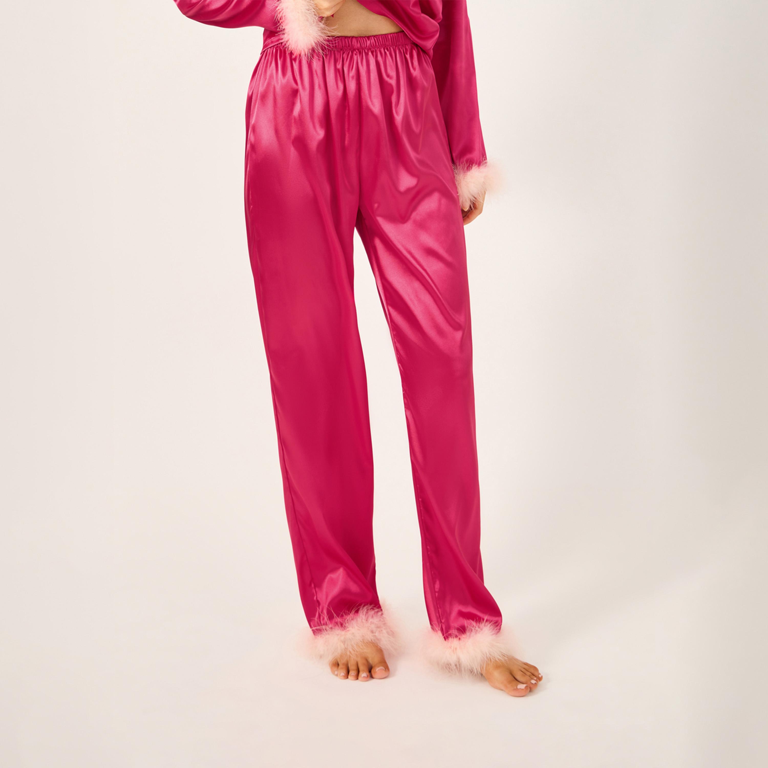 Styli Faux Feather Trim Buttoned Shirt and Pyjama Set-women-clothing-nightwear-pyjamas-longsets-image-5
