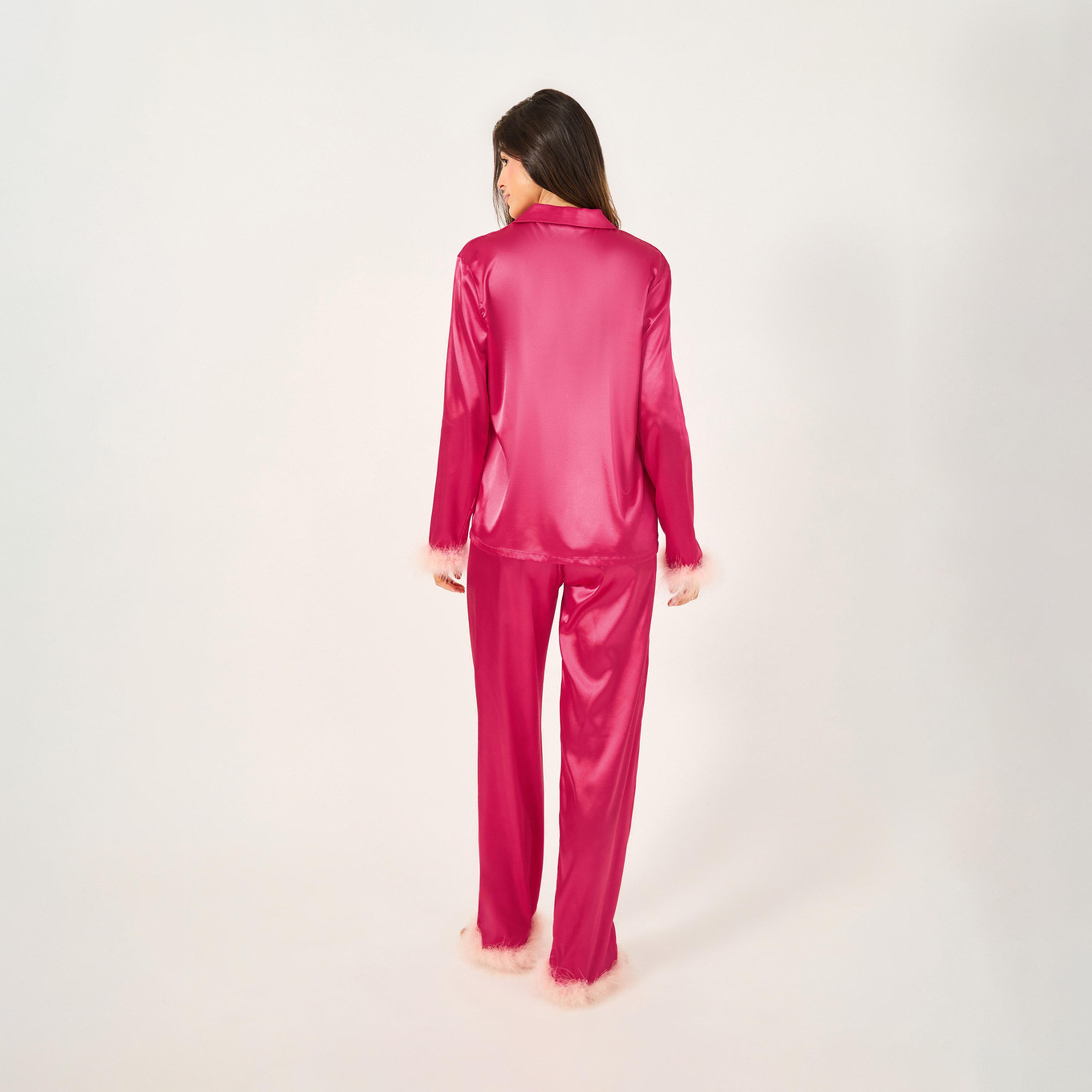Styli Faux Feather Trim Buttoned Shirt and Pyjama Set-women-clothing-nightwear-pyjamas-longsets-image-6
