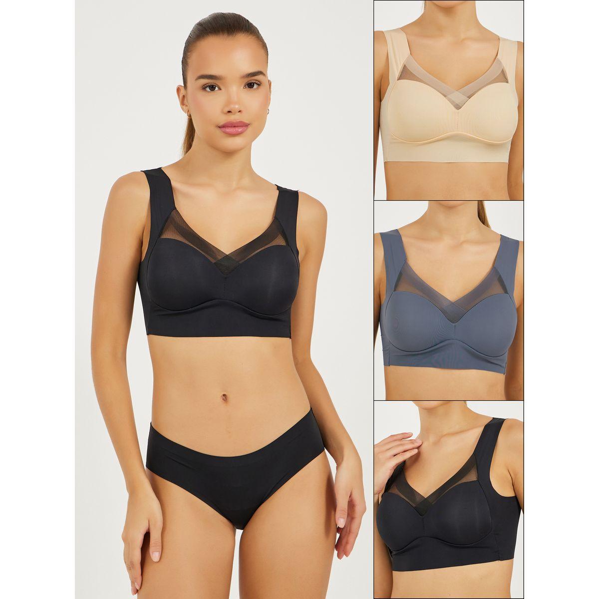 Styli Pack of 3 - Padded Non Wired Full Support Mesh Cross Over Front Detail Crop Top-women-clothing-lingerie-bras-image-1