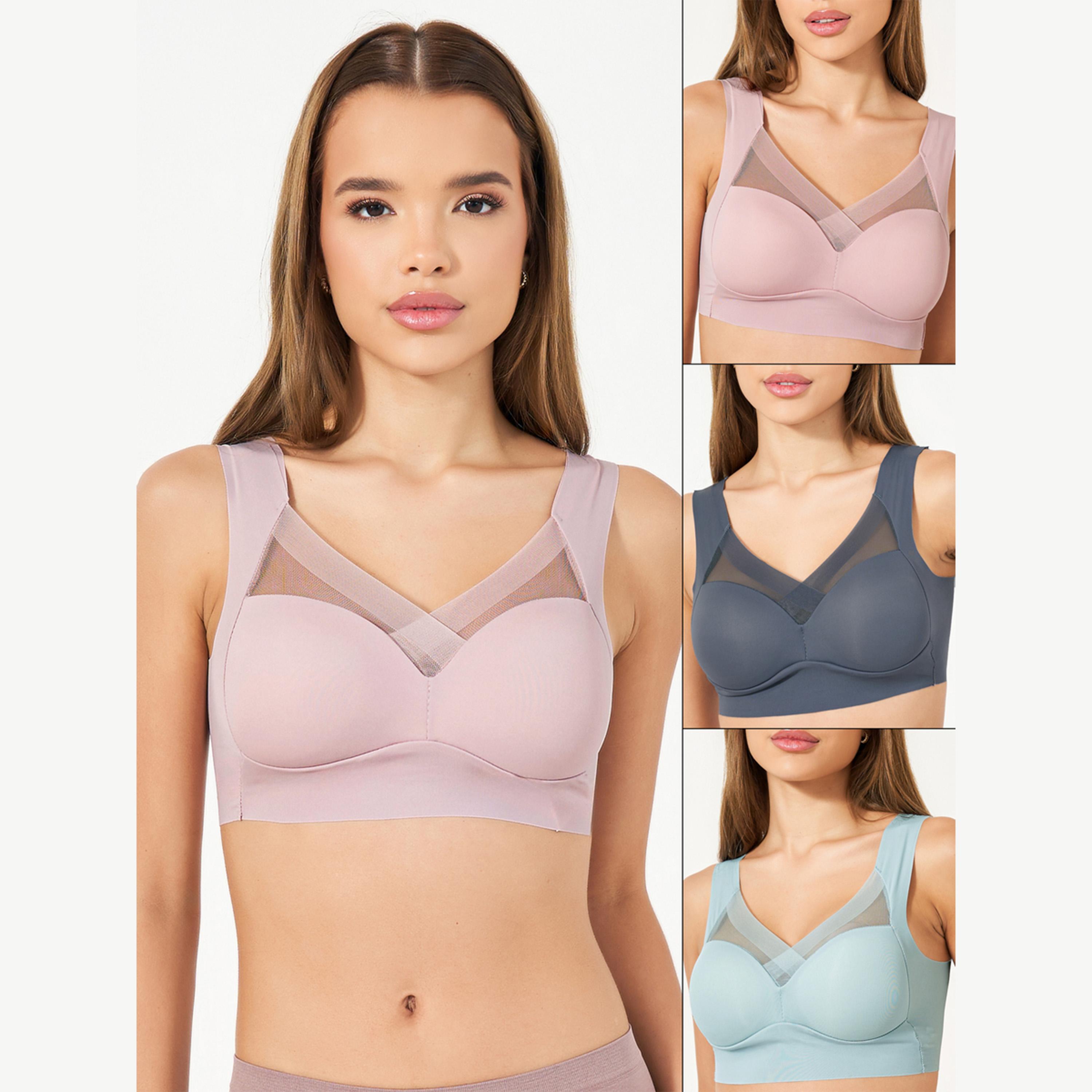Styli Pack of 3 - Padded Non Wired Full Support Mesh Cross Over Front Detail Crop Top-women-clothing-lingerie-bras-image-1