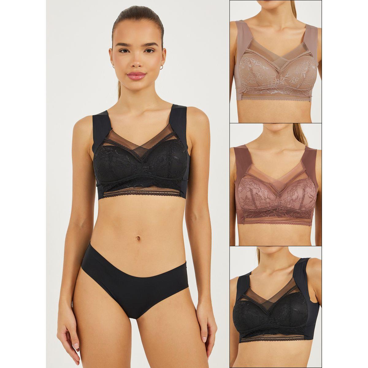 Styli Pack of 3 - Padded Non-Wired Full Support Mesh Front Lace Cup Crop Top-women-clothing-lingerie-bras-image-1