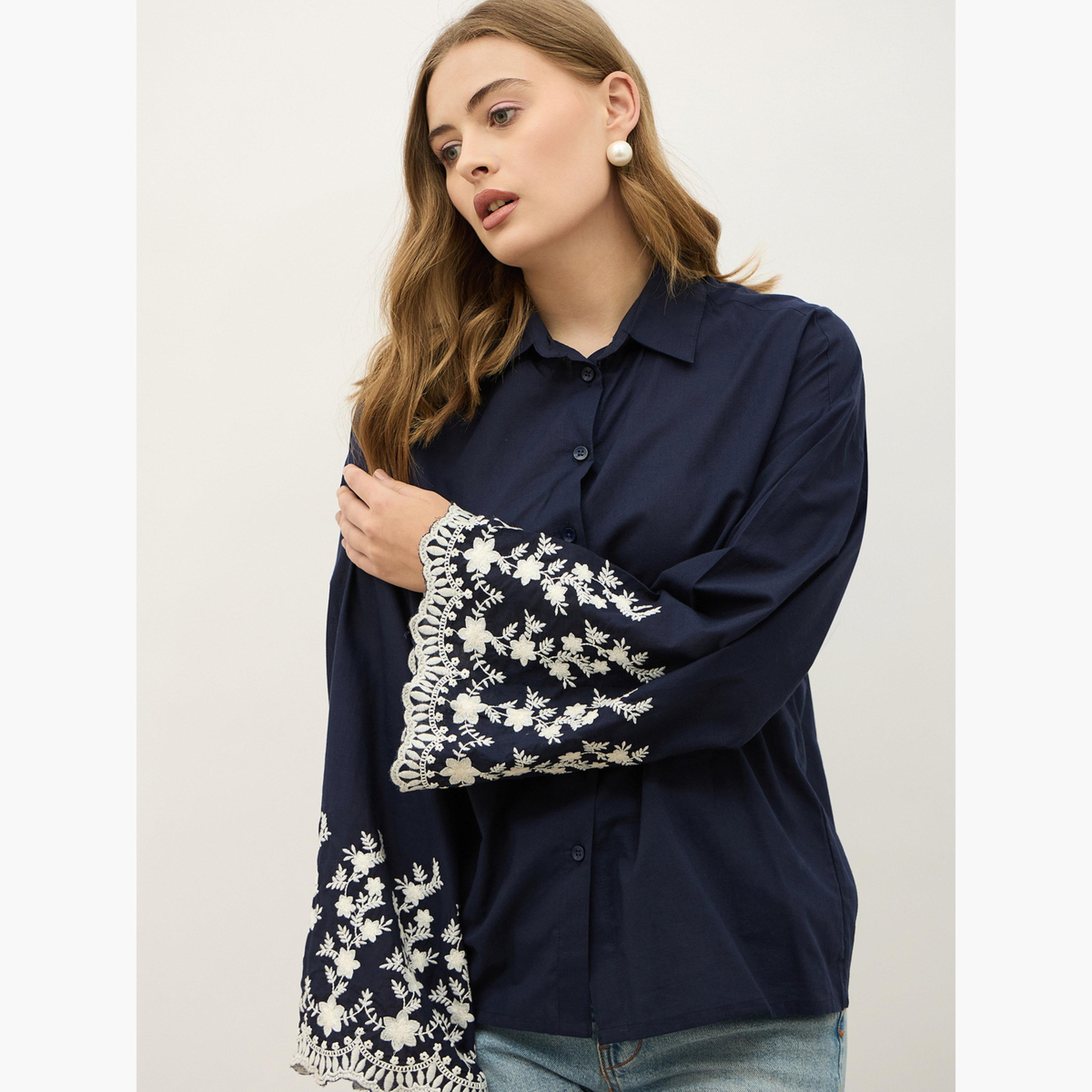 ستايلي - قميص مطرز بأكمام واسعة وقصة عادية-women-clothing-shirtsandblouses-shirts-image-4