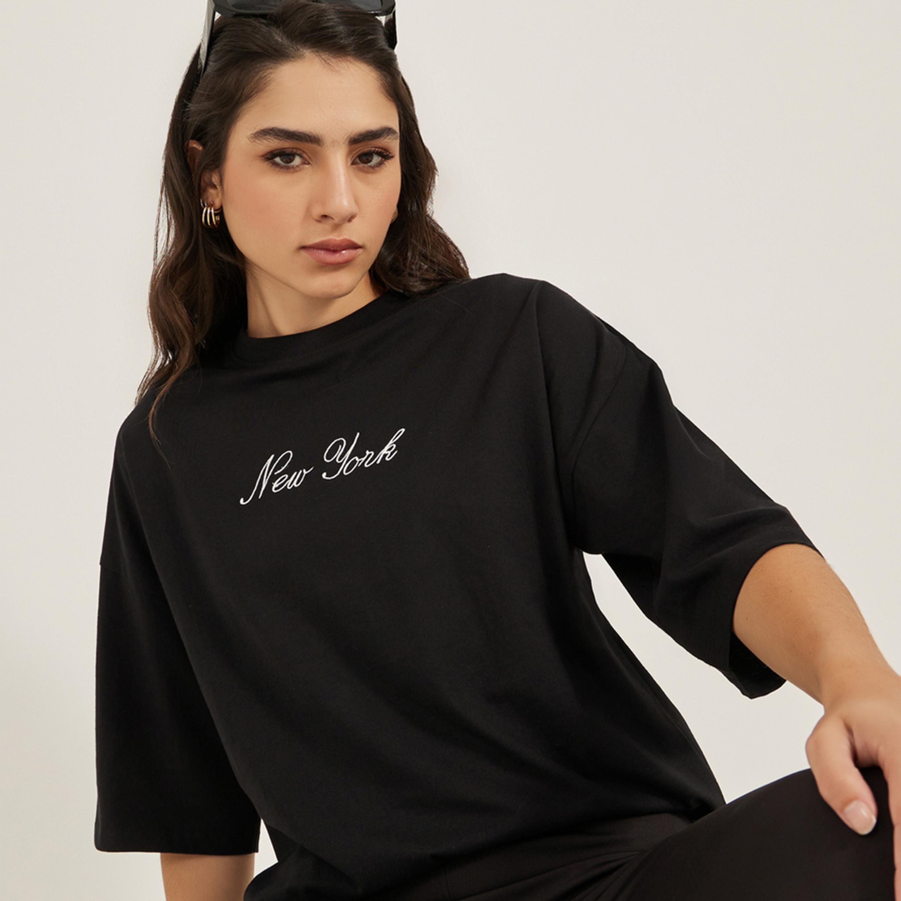 Styli Embroidered Slogan Round Neck Oversized T-Shirt-women-clothing-tshirts-image-1