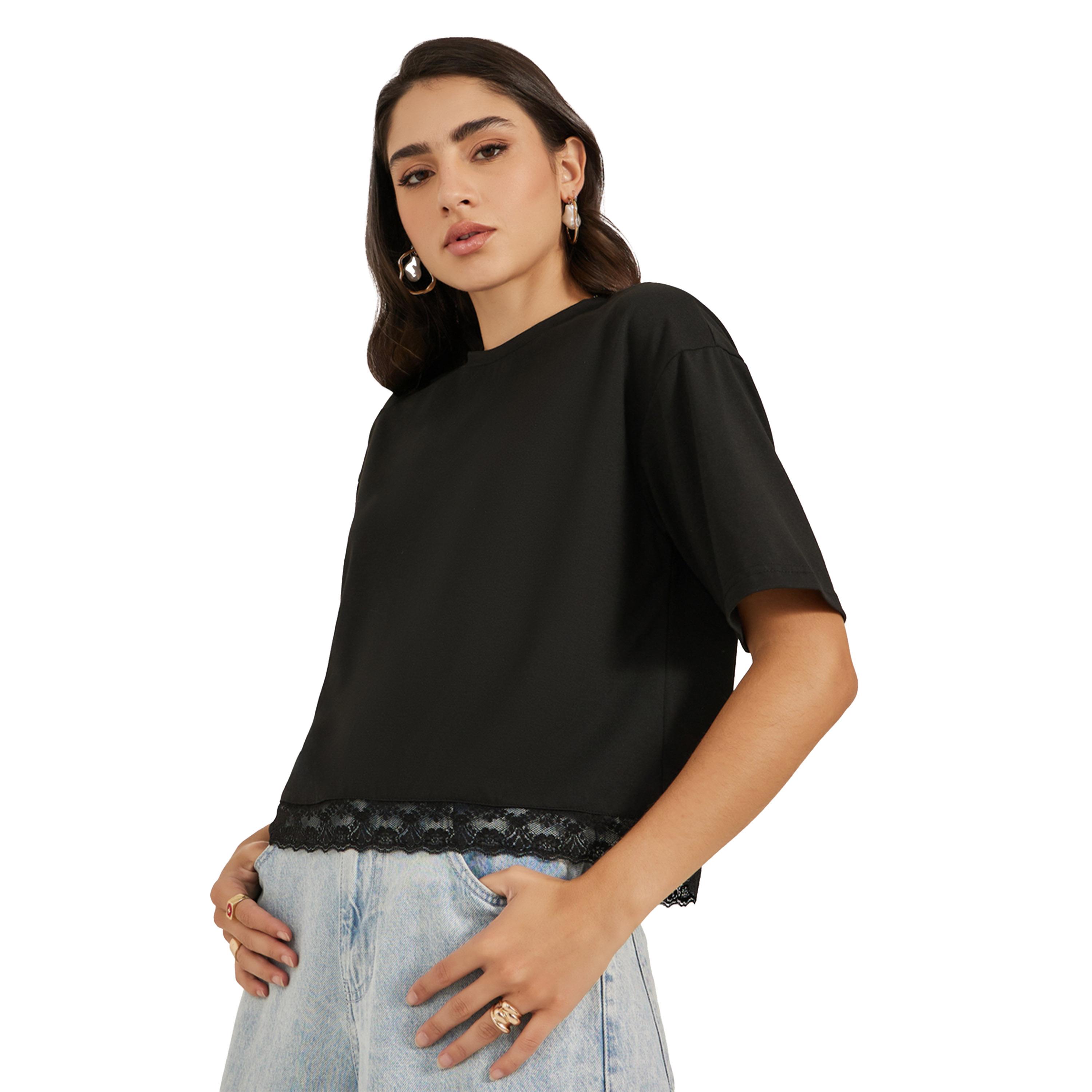 ستايلي - تي شيرت بقصة مربعة وفتحة رقبة مستديرة وحافة دانتيل-women-clothing-tshirts-image-1