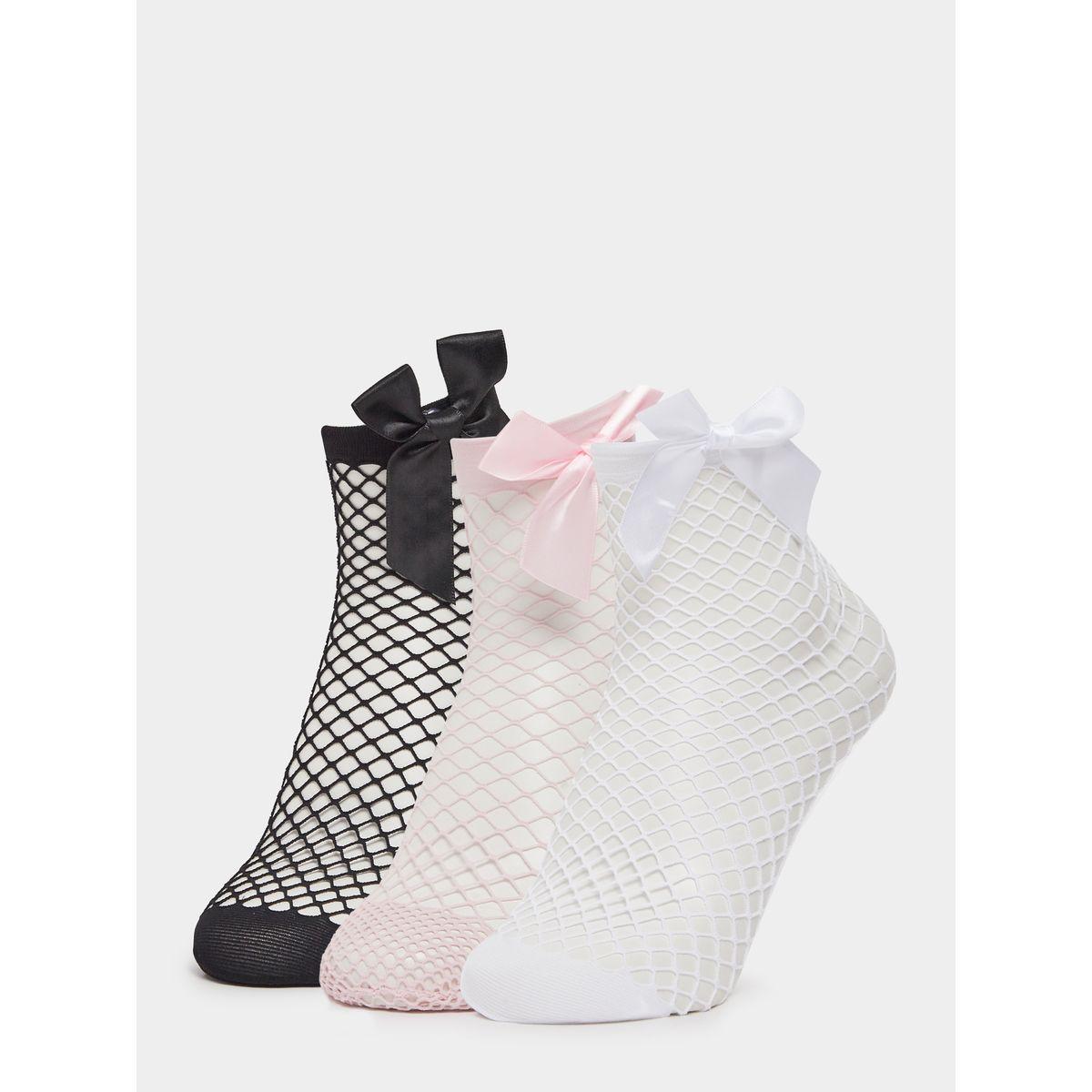 Set of 3 - Bow Detail Net Crew Socks-women-socksandstockings-image-1