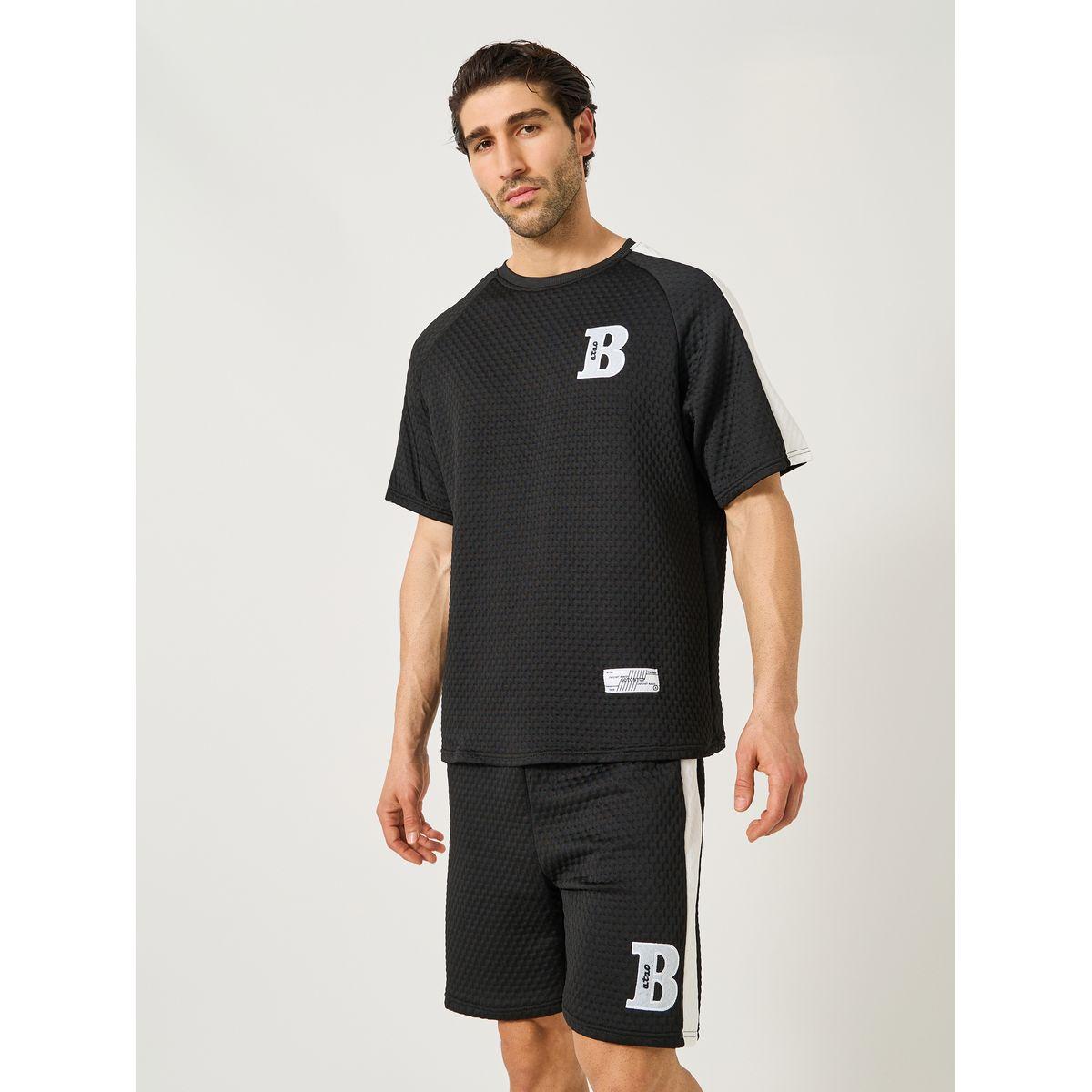Textured Oversized T-Shirt with Patch Detail and Shorts Co-Ords-men-clothing-coordsets-image-2