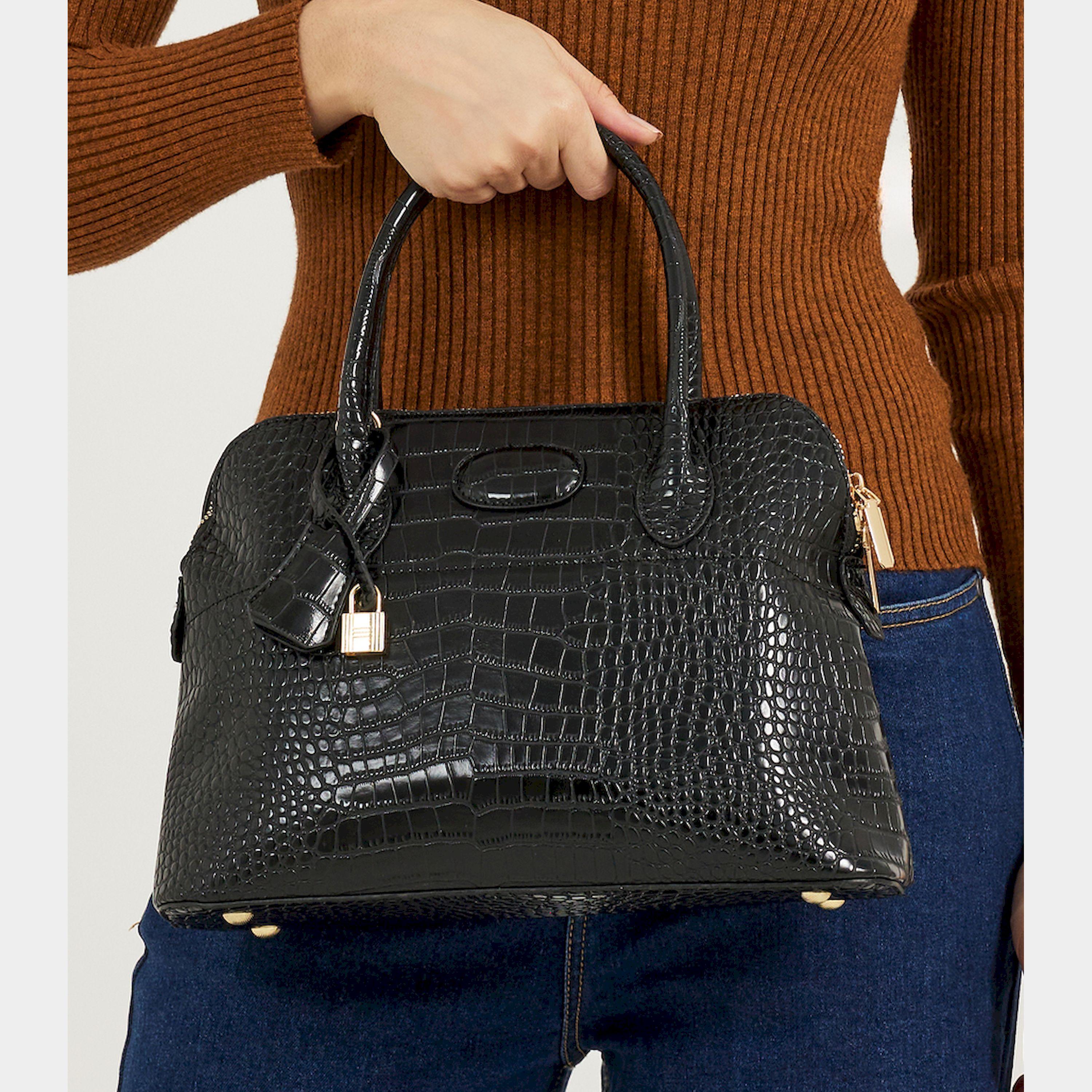 Styli Croc Skin Texture Handbag With Top Handle And Zip Closure-women-bagsandwallets-handbags-image-3