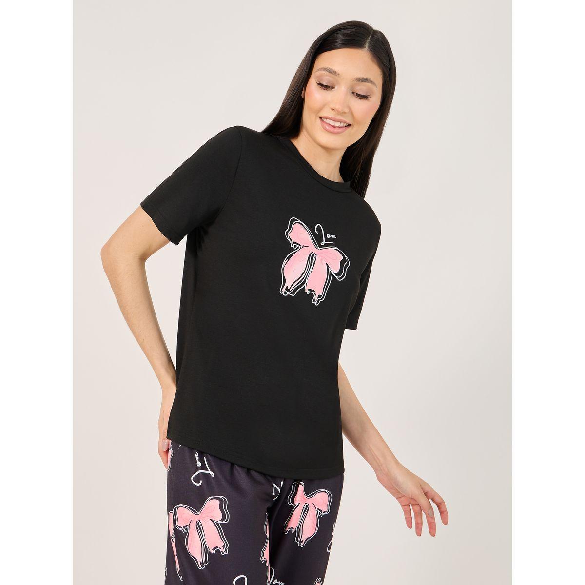 Bow Graphic Print T-Shirt and Pyjama Set-women-clothing-nightwear-pyjamas-longsets-image-2