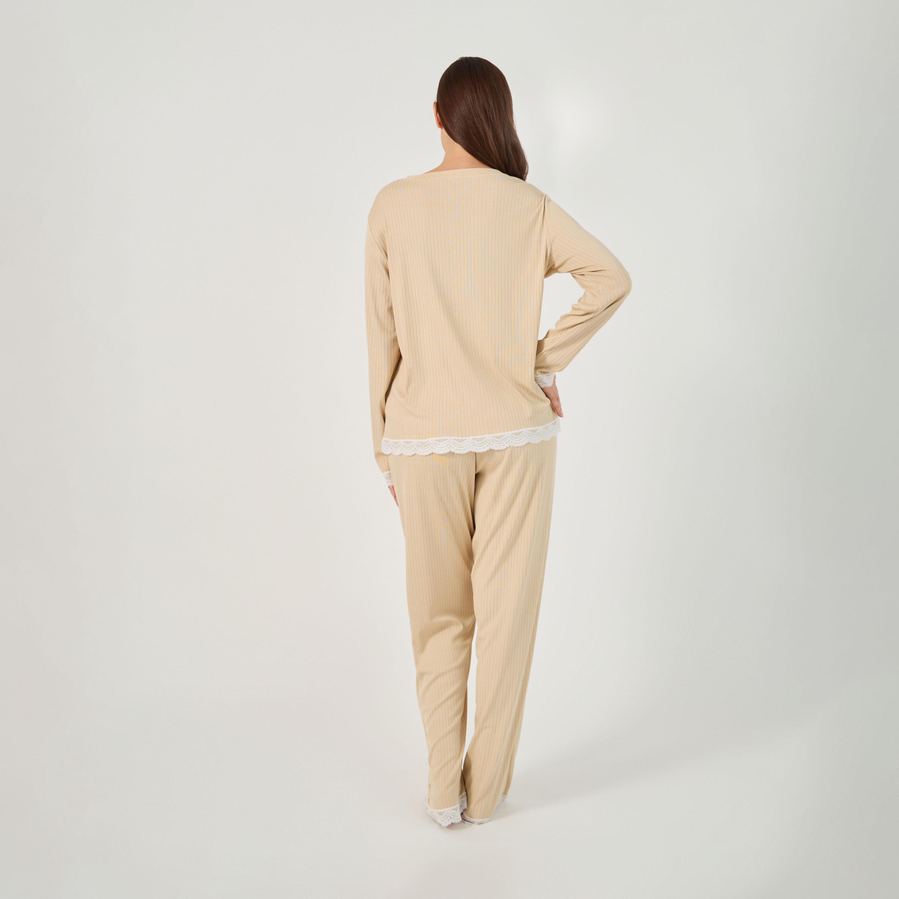 Styli Textured Rib Detail Lace Trim T-Shirt And Pyjama Set-women-clothing-nightwear-pyjamas-longsets-image-6