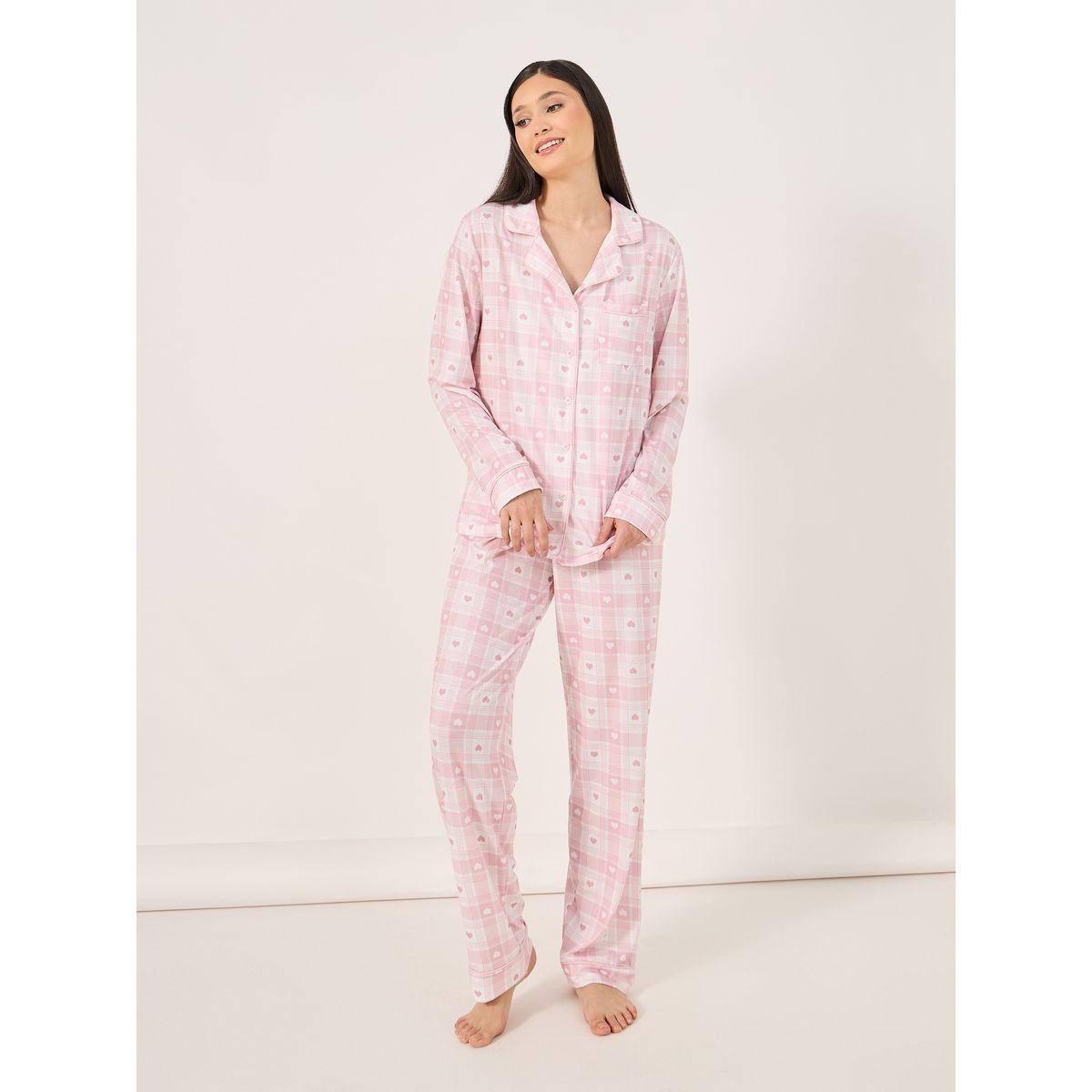 Heart Checked Button Placket Shirt and Pyjama Set-women-clothing-nightwear-pyjamas-longsets-image-1