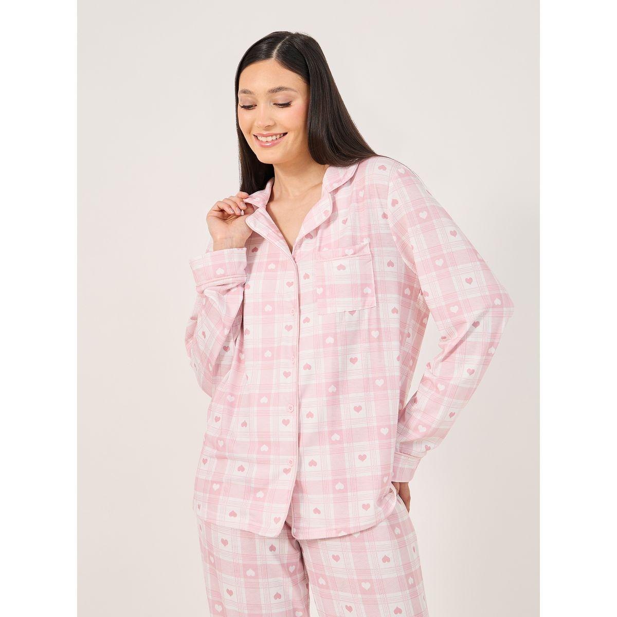 Heart Checked Button Placket Shirt and Pyjama Set-women-clothing-nightwear-pyjamas-longsets-image-2