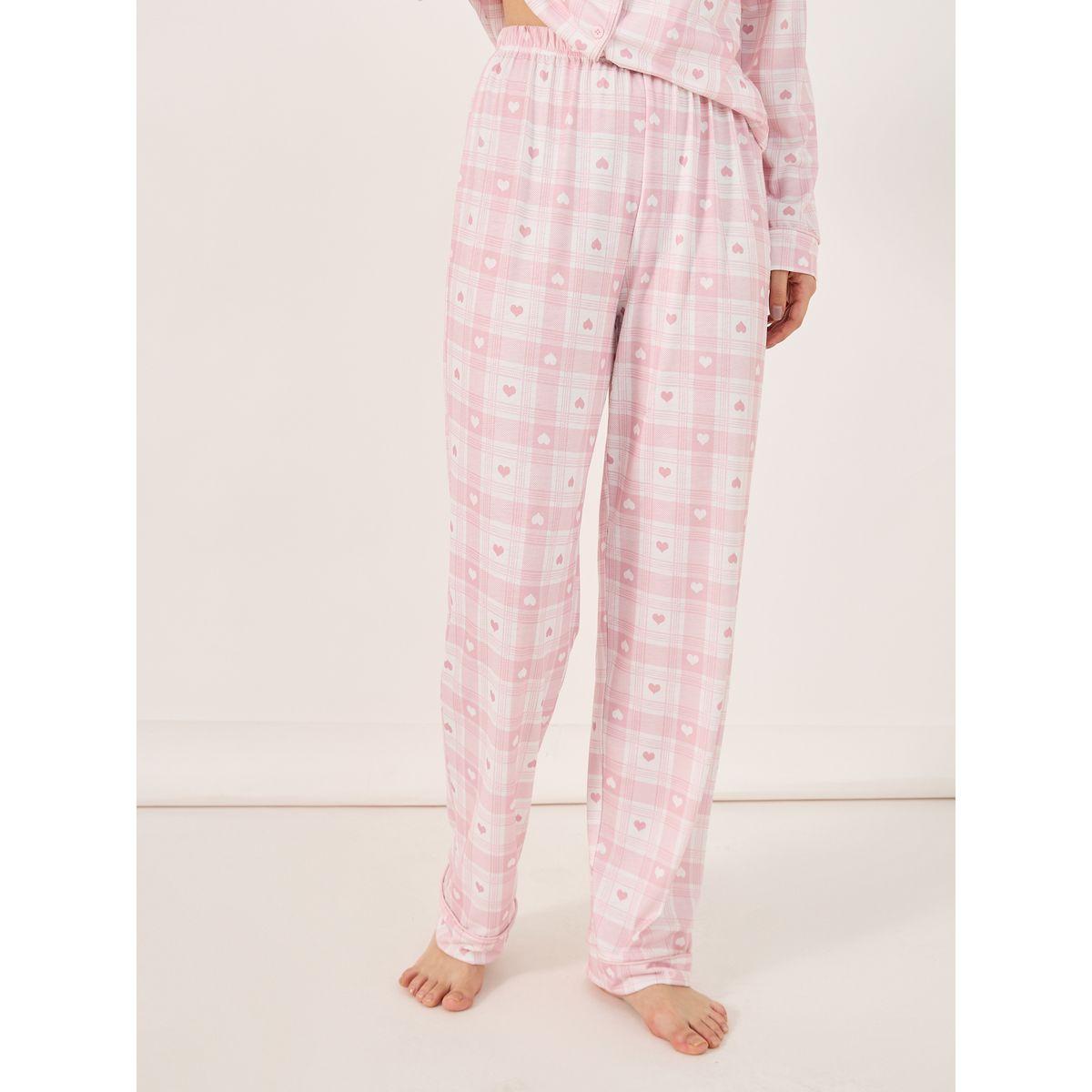 Heart Checked Button Placket Shirt and Pyjama Set-women-clothing-nightwear-pyjamas-longsets-image-5