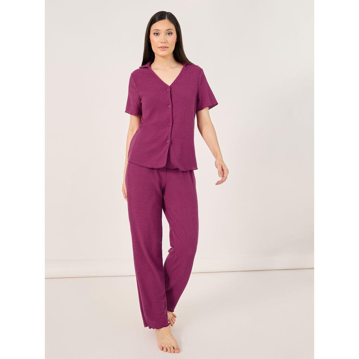 Brushed Rib Lettuce Edge Shirt and Pyjama Set-women-clothing-nightwear-pyjamas-longsets-image-1