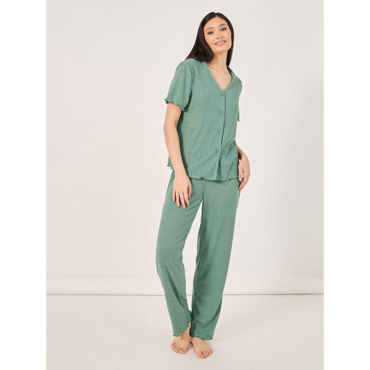 Brushed Rib Lettuce Edge Shirt and Pyjama Set-women-clothing-nightwear-pyjamas-longsets-image-1