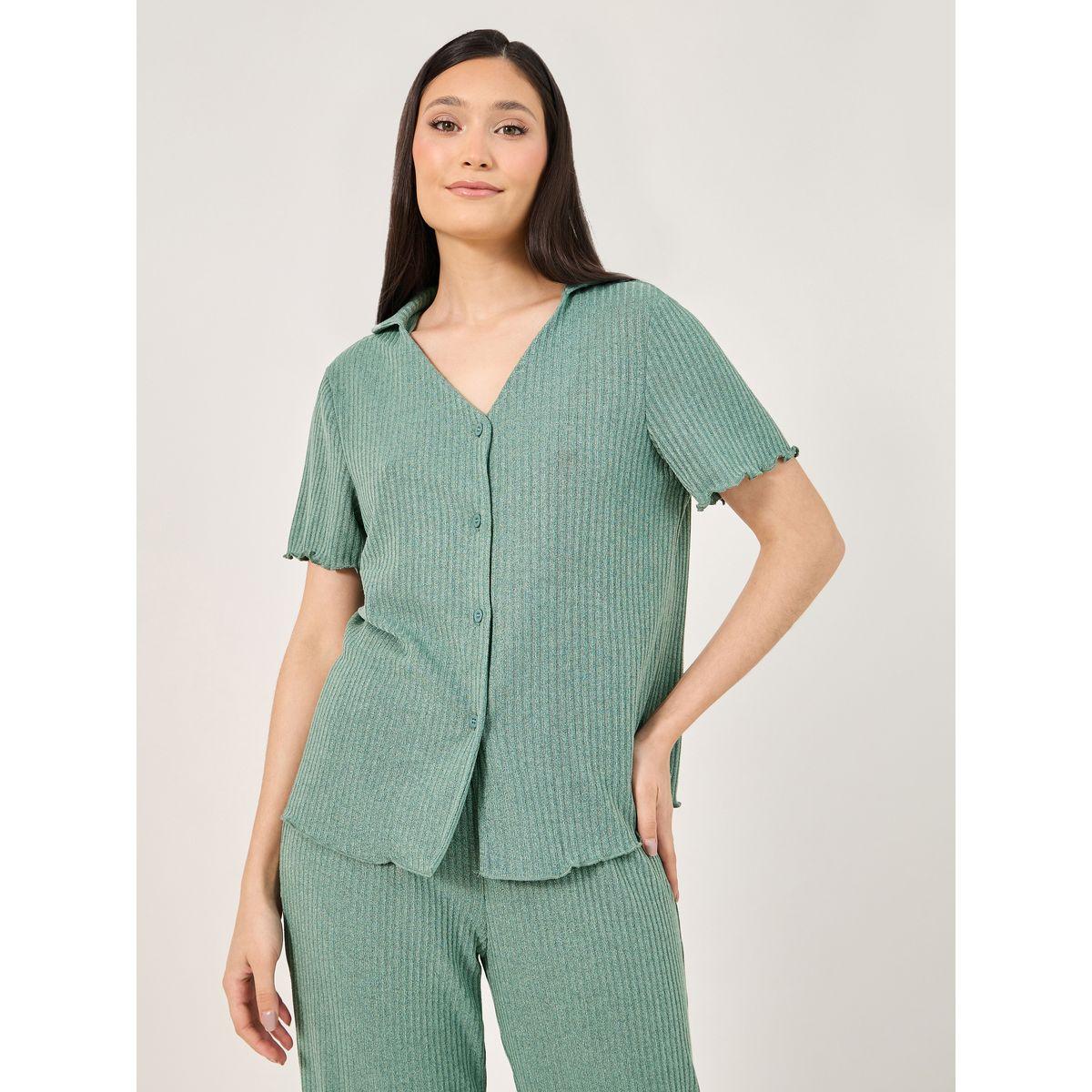 Brushed Rib Lettuce Edge Shirt and Pyjama Set-women-clothing-nightwear-pyjamas-longsets-image-2