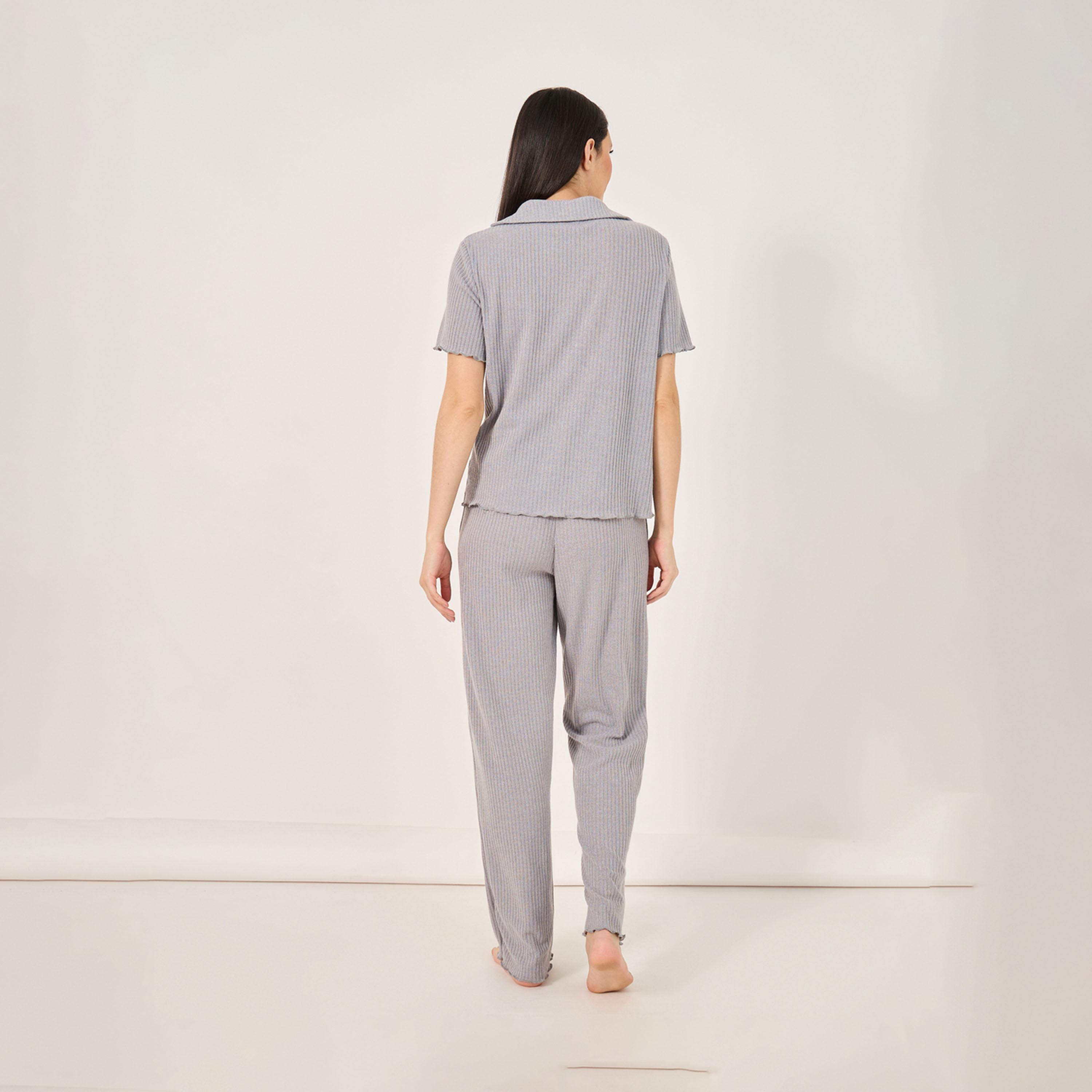 Styli Brushed Rib Lettuce Edge Shirt and Pyjama Set-women-clothing-nightwear-pyjamas-longsets-image-5