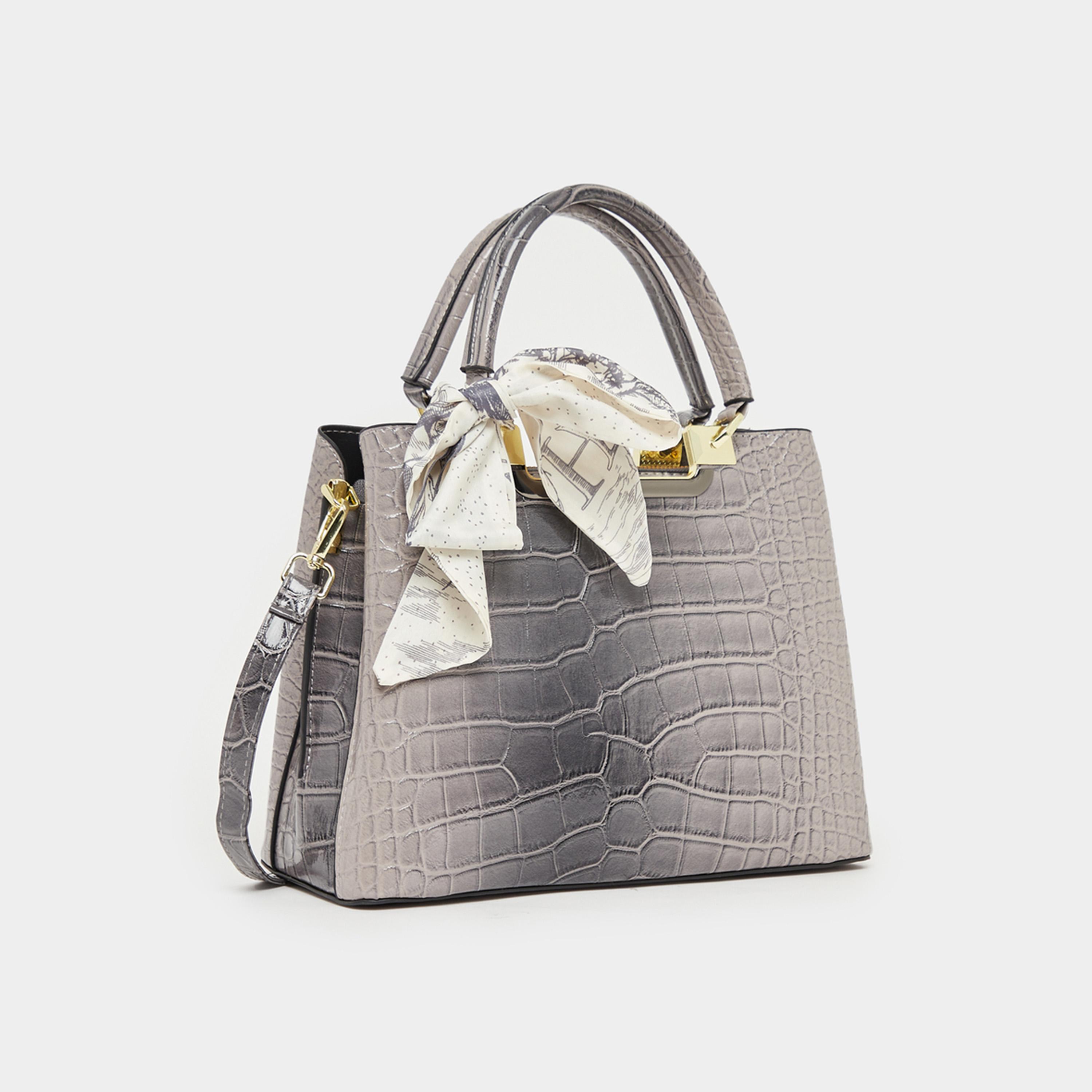 Styli Croc Skin Texture Handbag With Printed Scarf-women-bagsandwallets-handbags-image-1