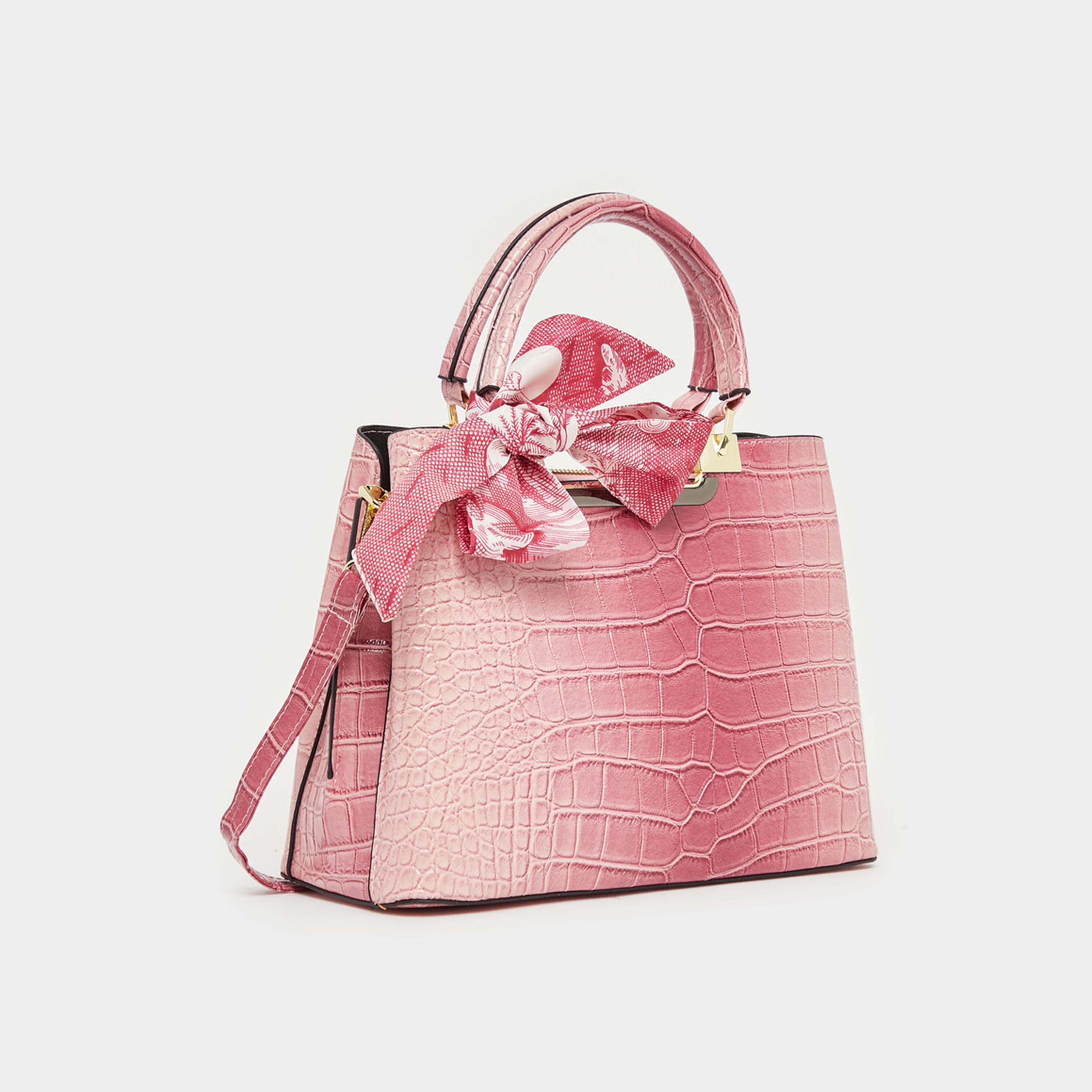 Styli Croc Skin Texture Handbag With Printed Scarf-women-bagsandwallets-handbags-image-1