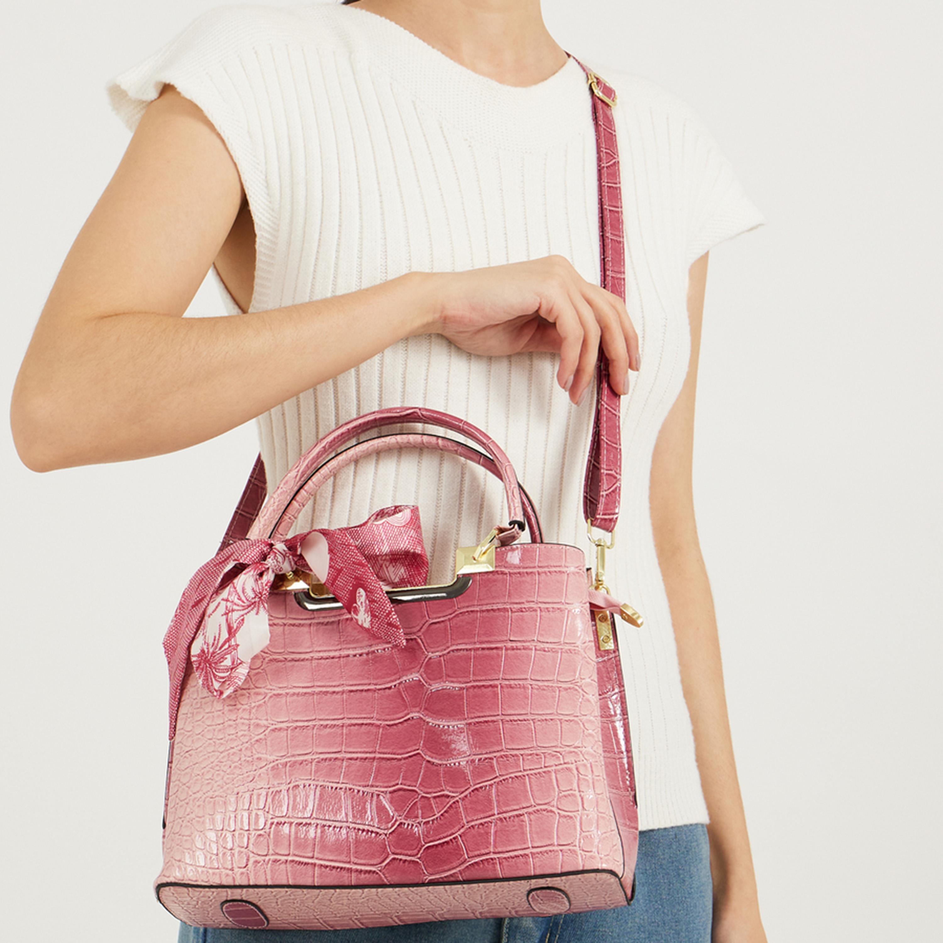 Styli Croc Skin Texture Handbag With Printed Scarf-women-bagsandwallets-handbags-image-2