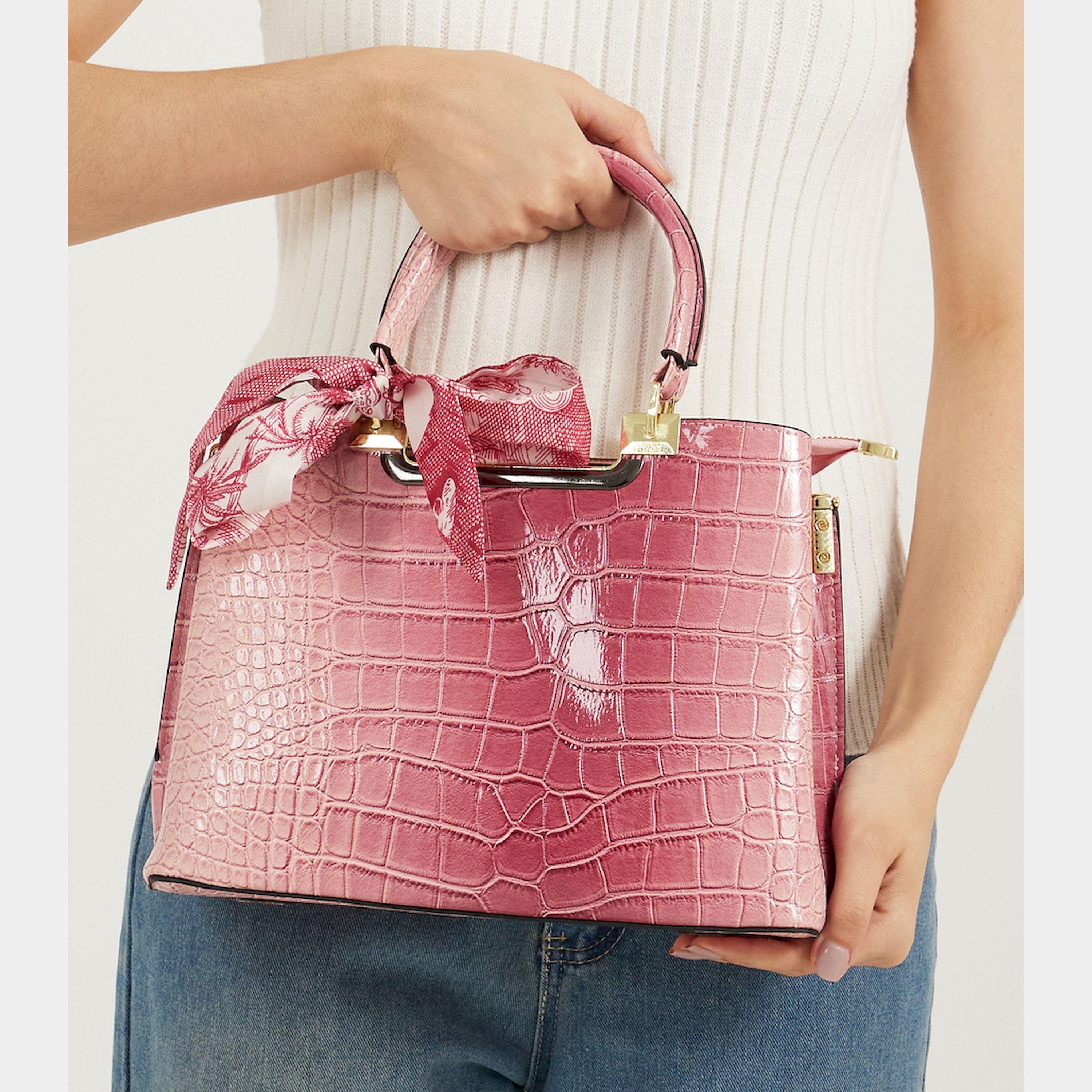 Styli Croc Skin Texture Handbag With Printed Scarf-women-bagsandwallets-handbags-image-3