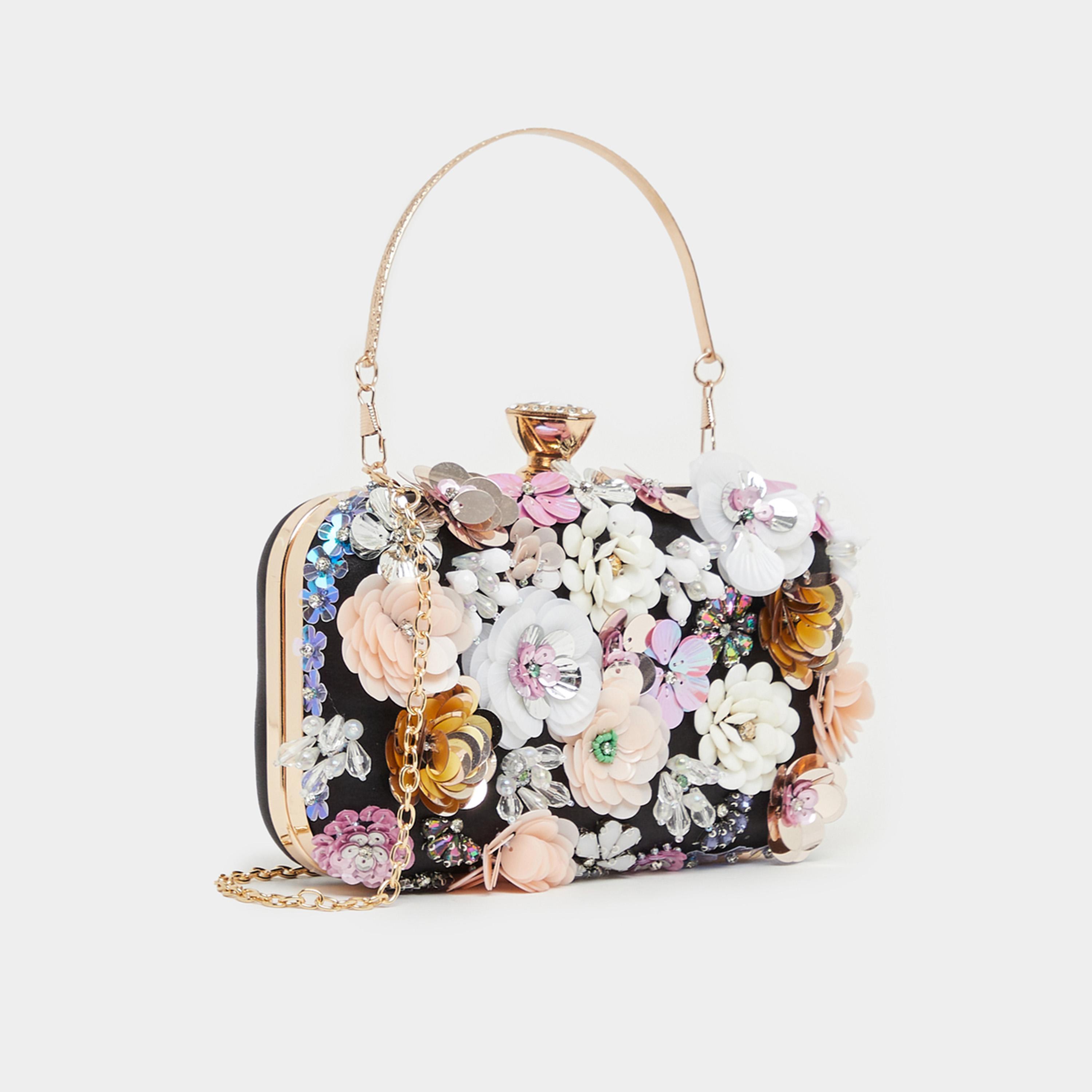 ستايلي - حقيبة كلاتش مزينة بالخرز والأزهار مع حزام سلسلة-women-bagsandwallets-handbags-image-1